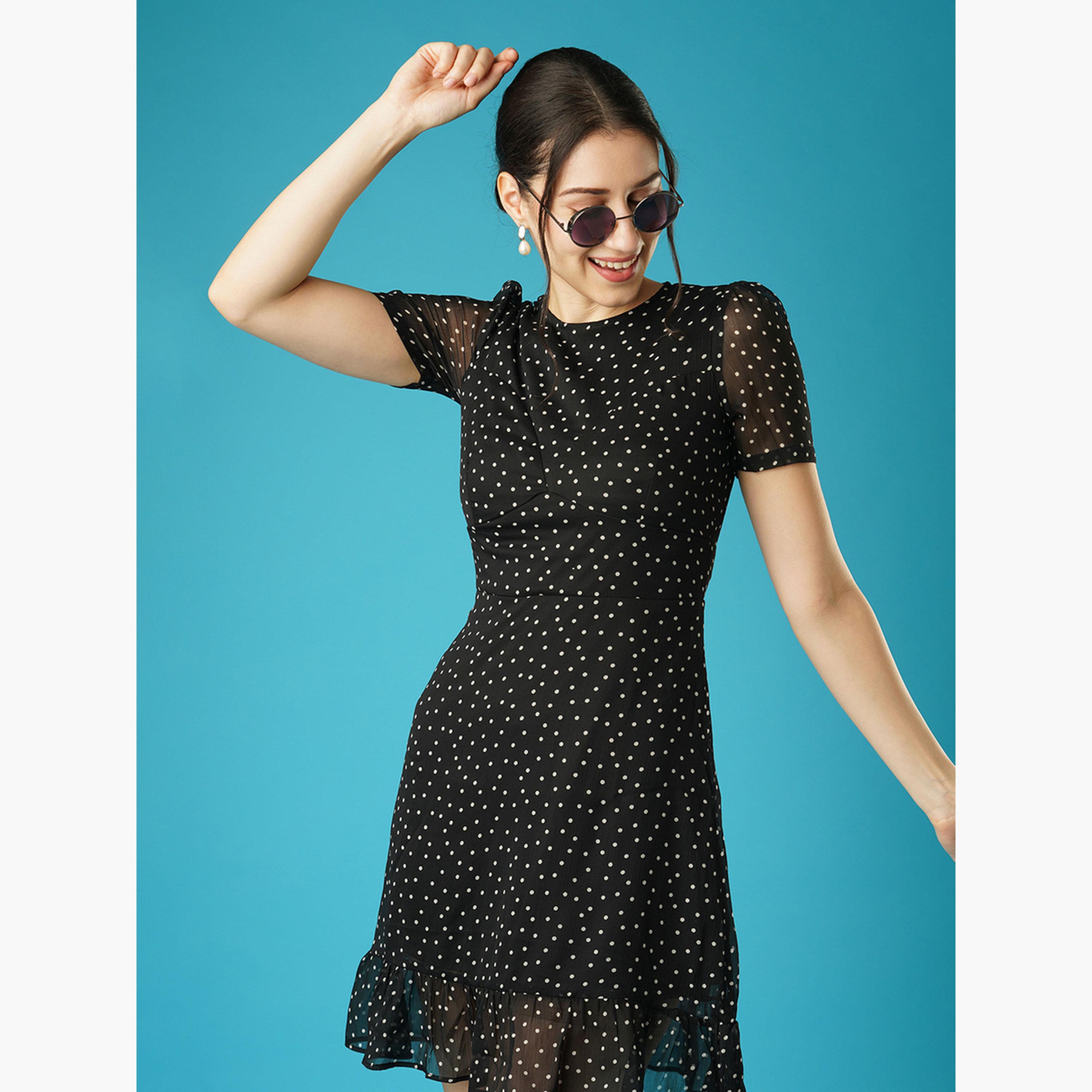 Globus X Styli Black Polka Dots Print Round Neck Mini Dress-women-clothing-dresses-image-5