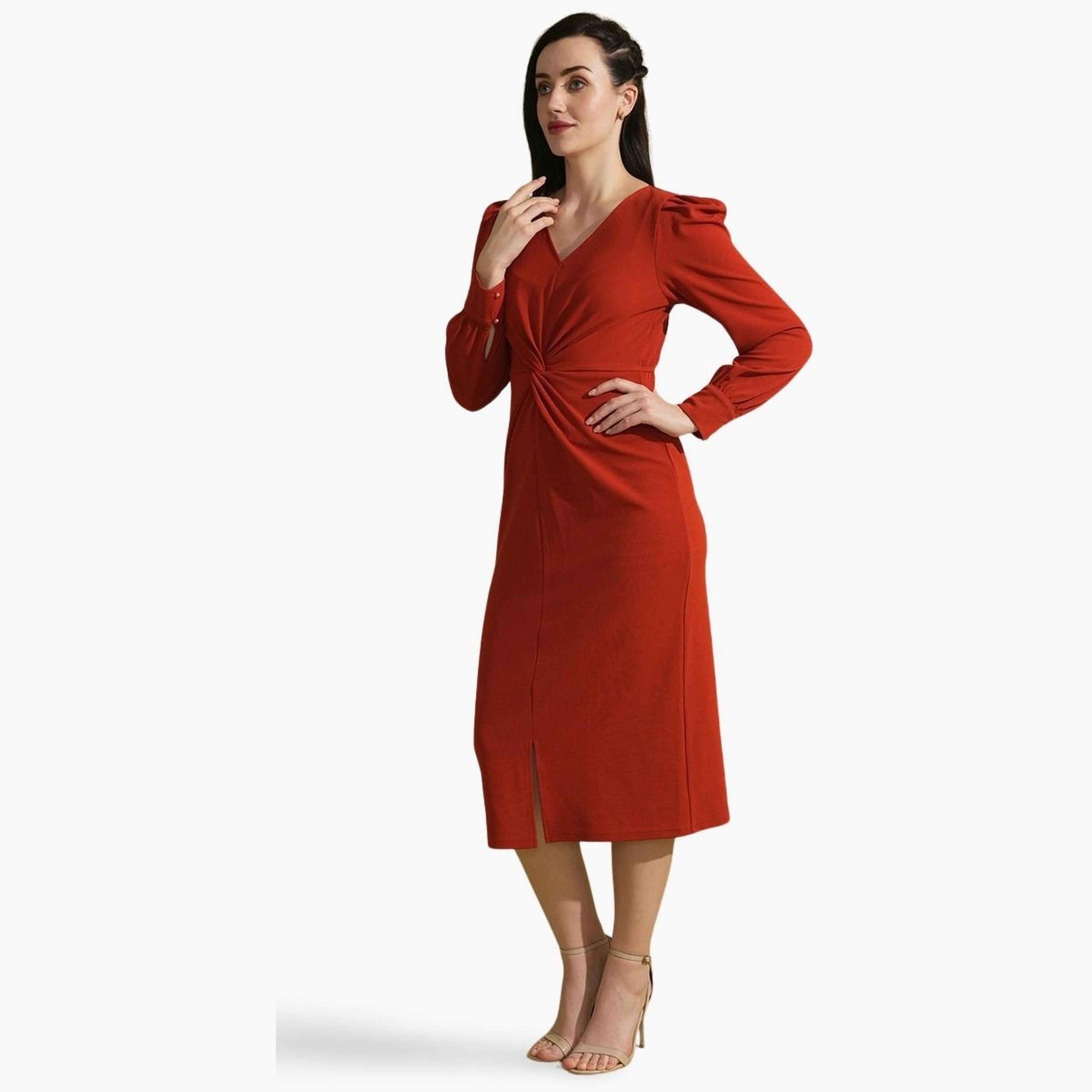 غلوبوص × ستايلي - فستان نسائي أحمر متوسط ​​الطول رقبة حرف V وتفاصيل ملفوفة-women-clothing-dresses-image-1