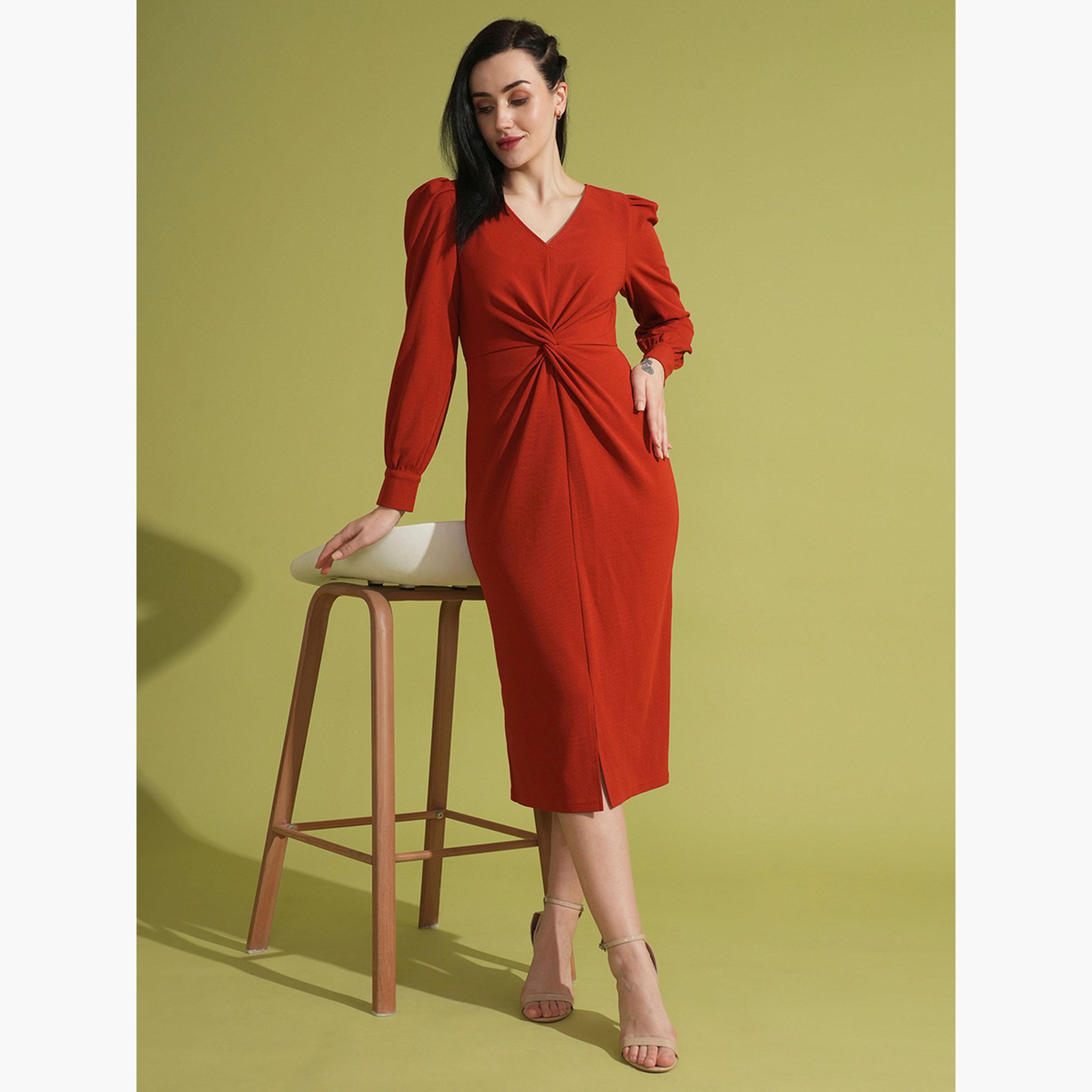 غلوبوص × ستايلي - فستان نسائي أحمر متوسط ​​الطول رقبة حرف V وتفاصيل ملفوفة-women-clothing-dresses-image-2