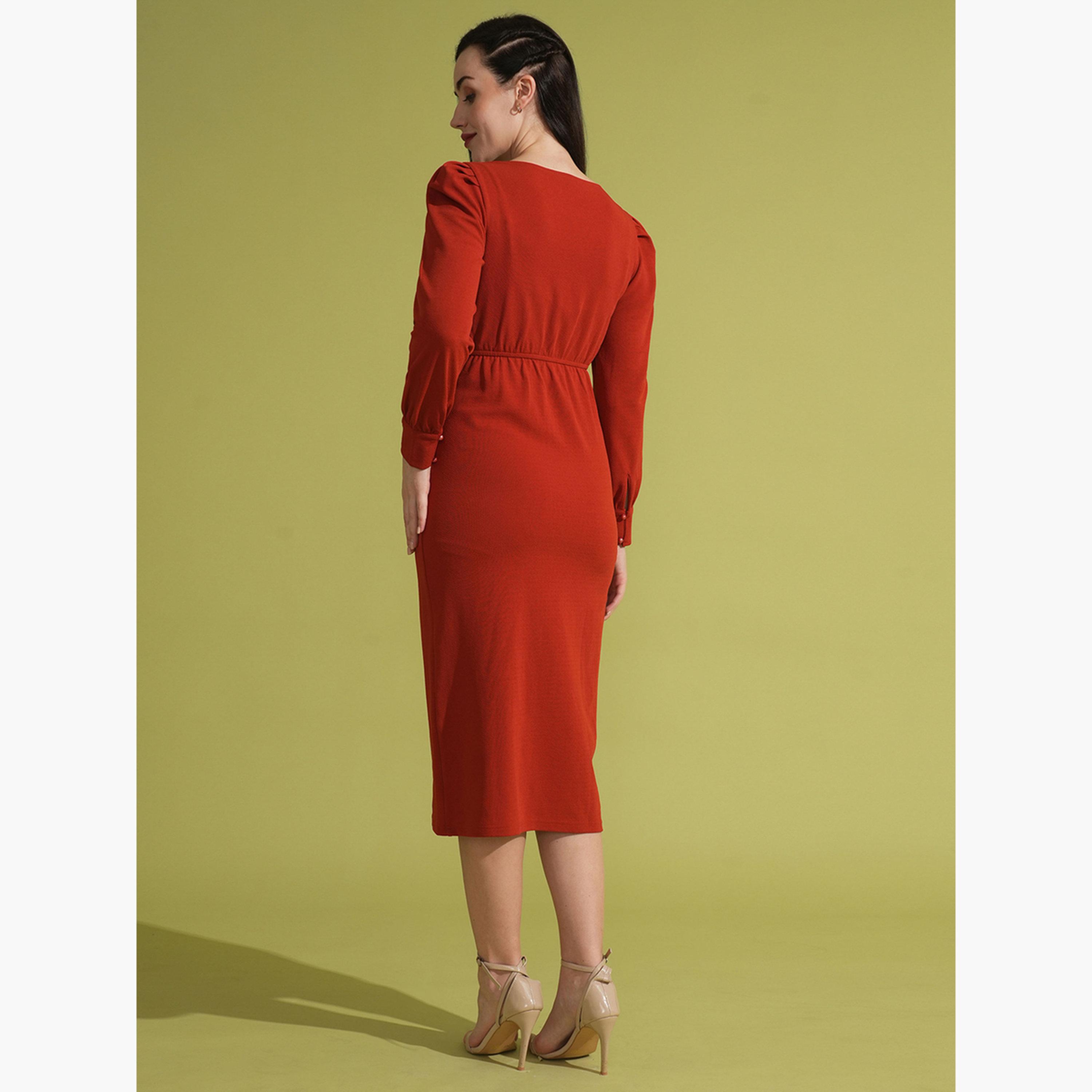 غلوبوص × ستايلي - فستان نسائي أحمر متوسط ​​الطول رقبة حرف V وتفاصيل ملفوفة-women-clothing-dresses-image-3