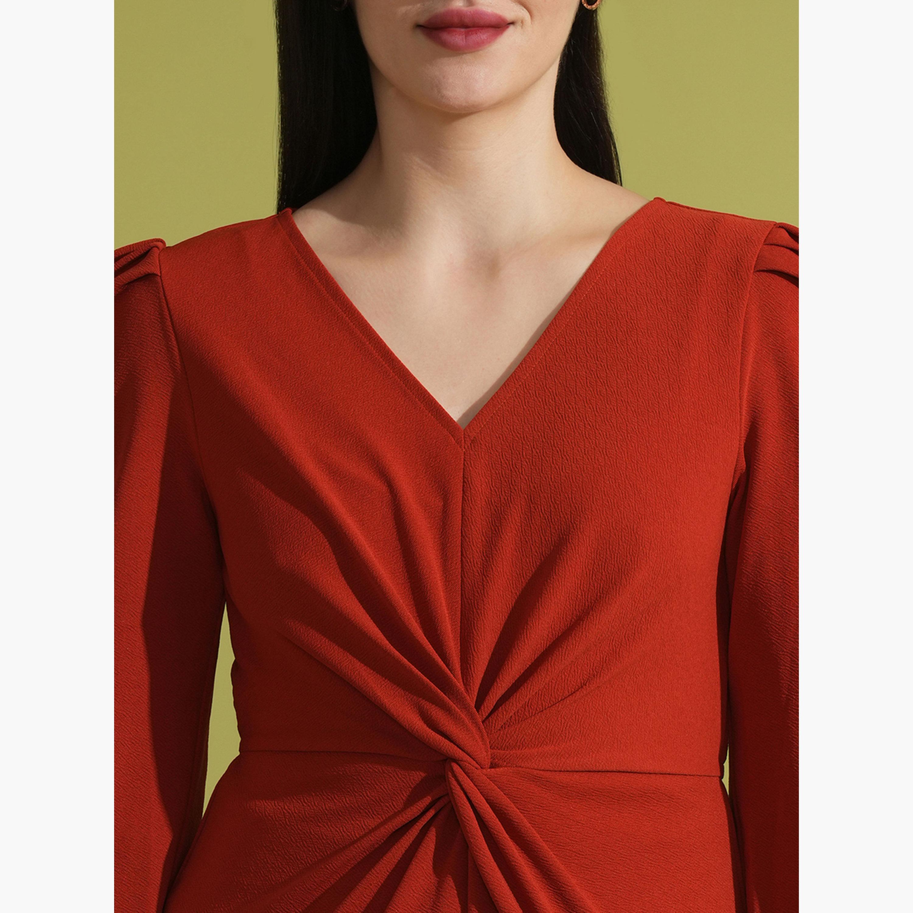 غلوبوص × ستايلي - فستان نسائي أحمر متوسط ​​الطول رقبة حرف V وتفاصيل ملفوفة-women-clothing-dresses-image-4