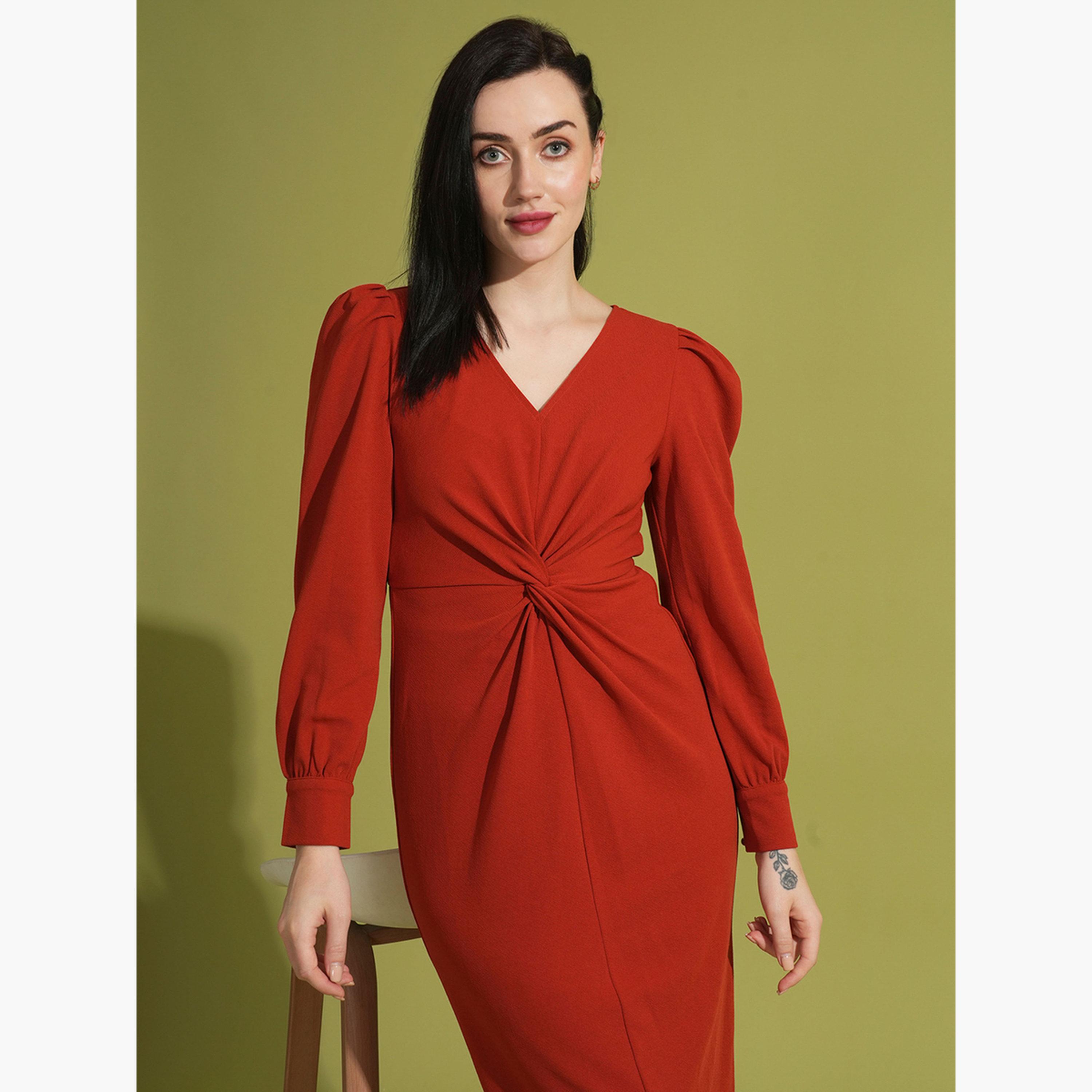 غلوبوص × ستايلي - فستان نسائي أحمر متوسط ​​الطول رقبة حرف V وتفاصيل ملفوفة-women-clothing-dresses-image-5