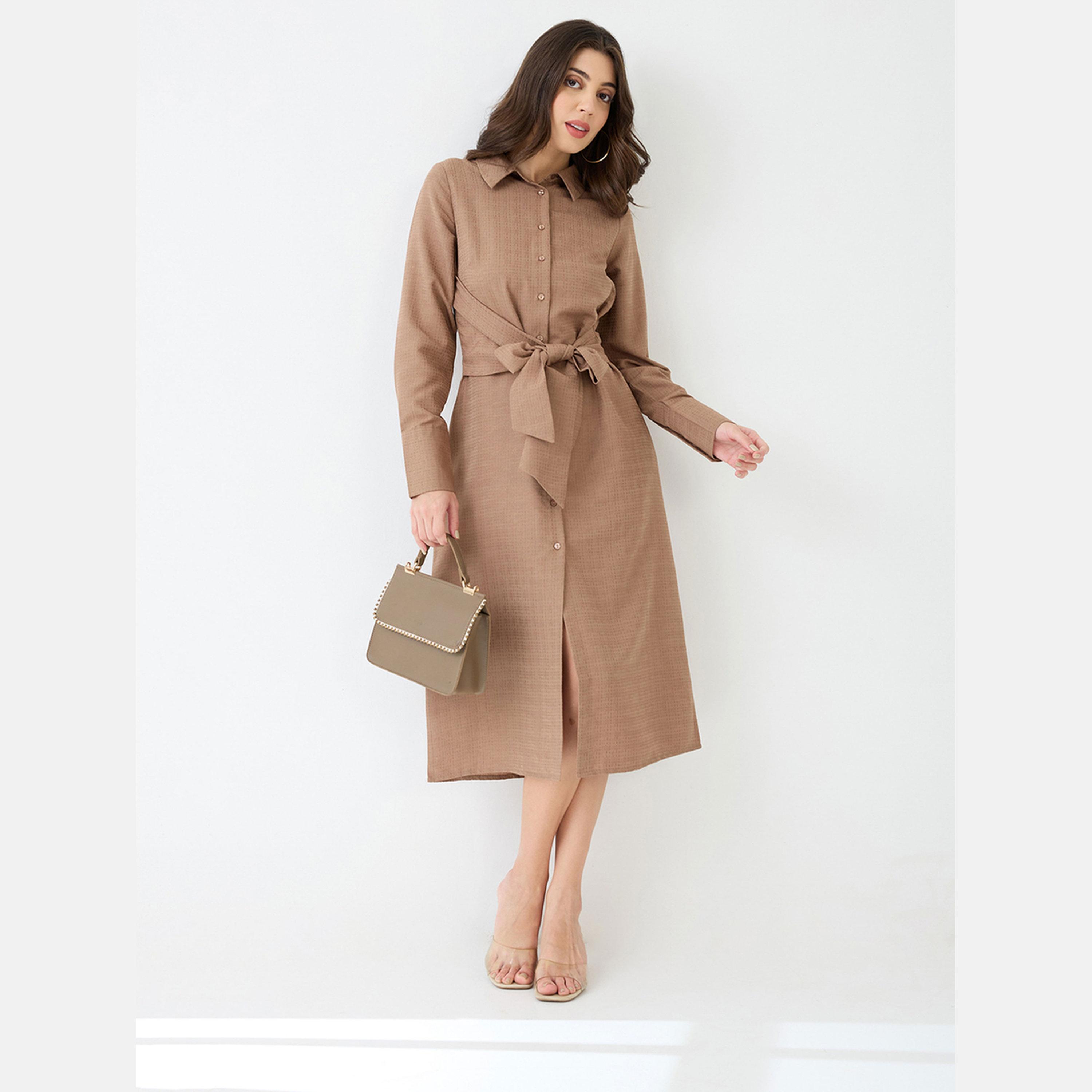 Globus X Styli Women Brown Collared Neck Shirt Midi Dress-women-clothing-dresses-image-1
