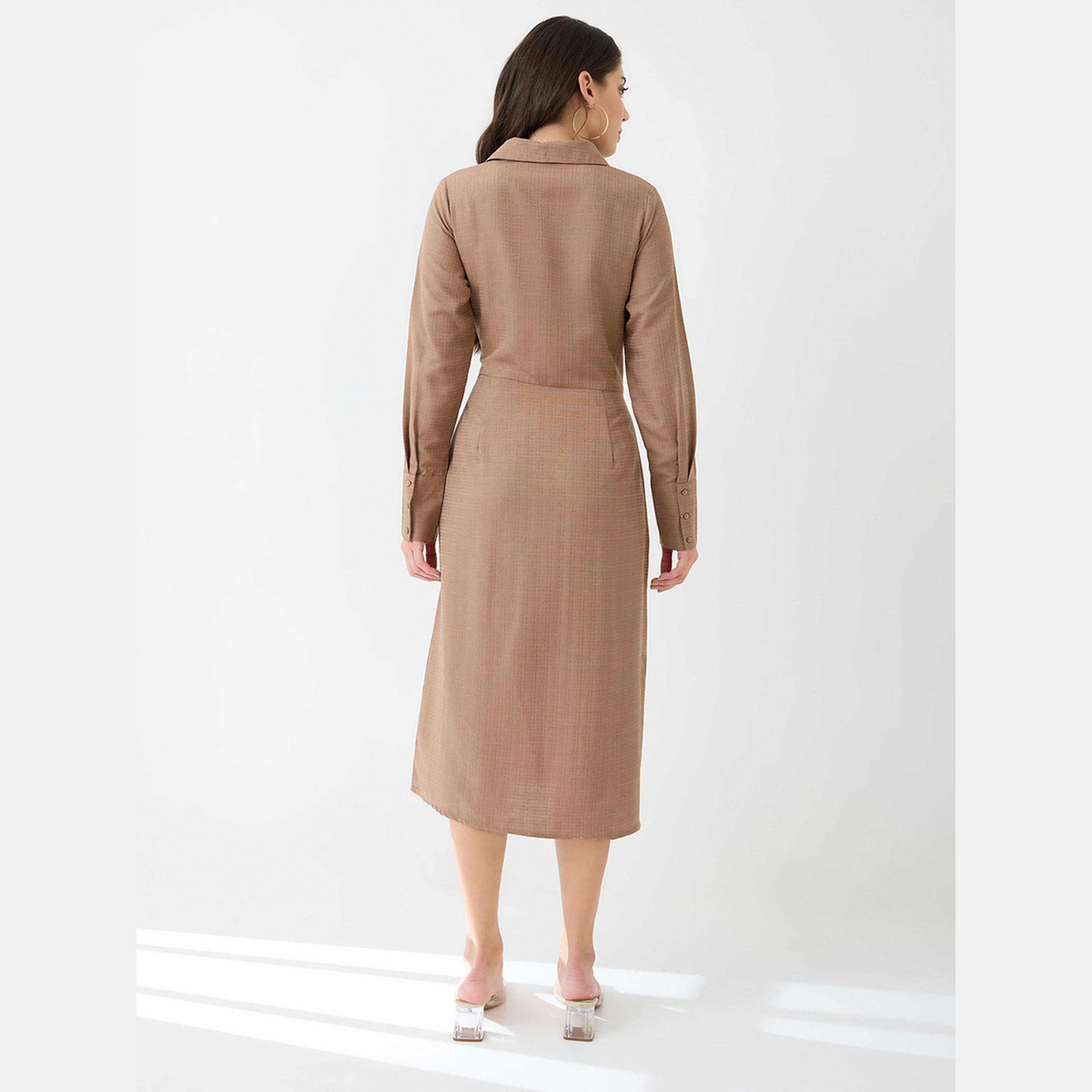 Globus X Styli Women Brown Collared Neck Shirt Midi Dress-women-clothing-dresses-image-3