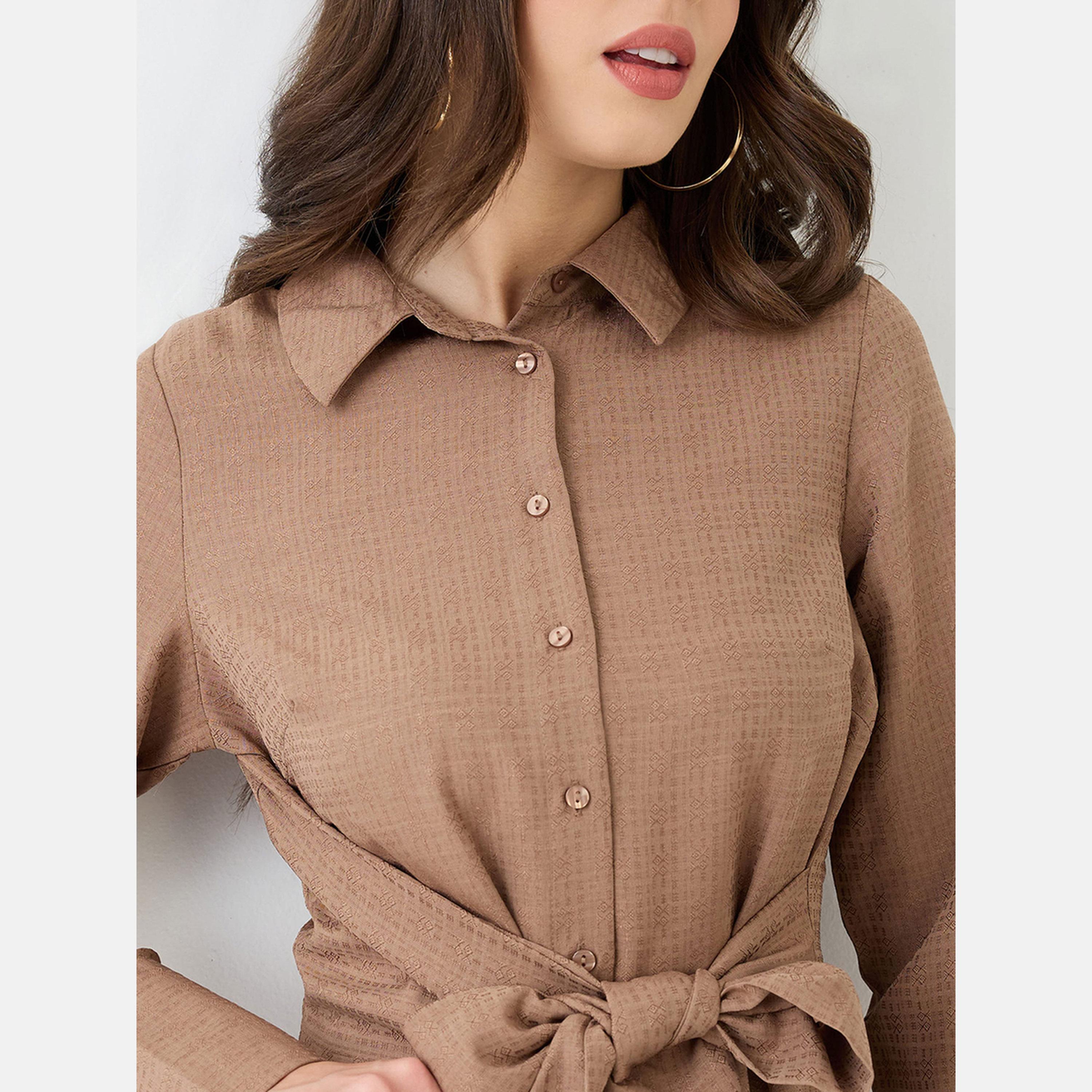 Globus X Styli Women Brown Collared Neck Shirt Midi Dress-women-clothing-dresses-image-4
