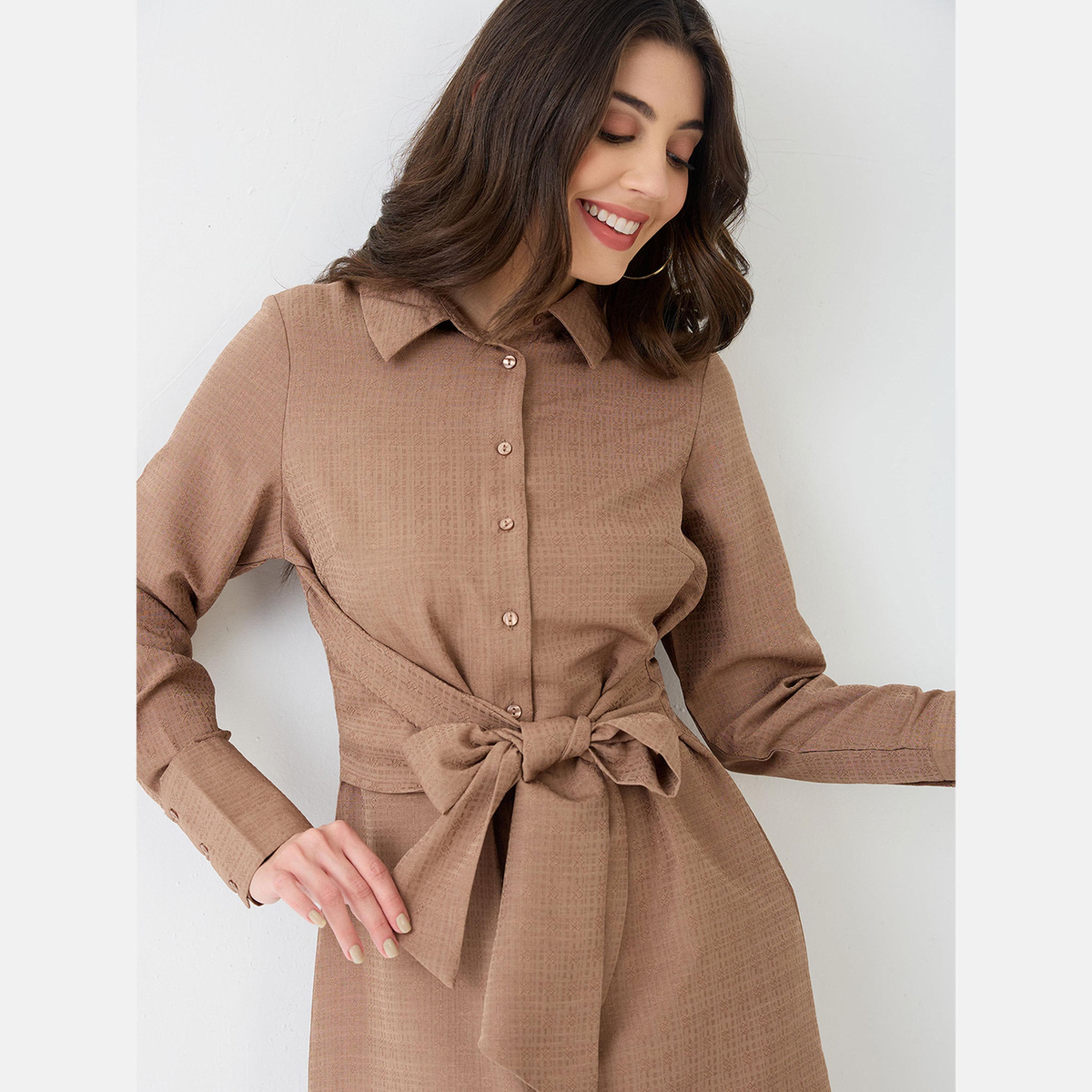 Globus X Styli Women Brown Collared Neck Shirt Midi Dress-women-clothing-dresses-image-5
