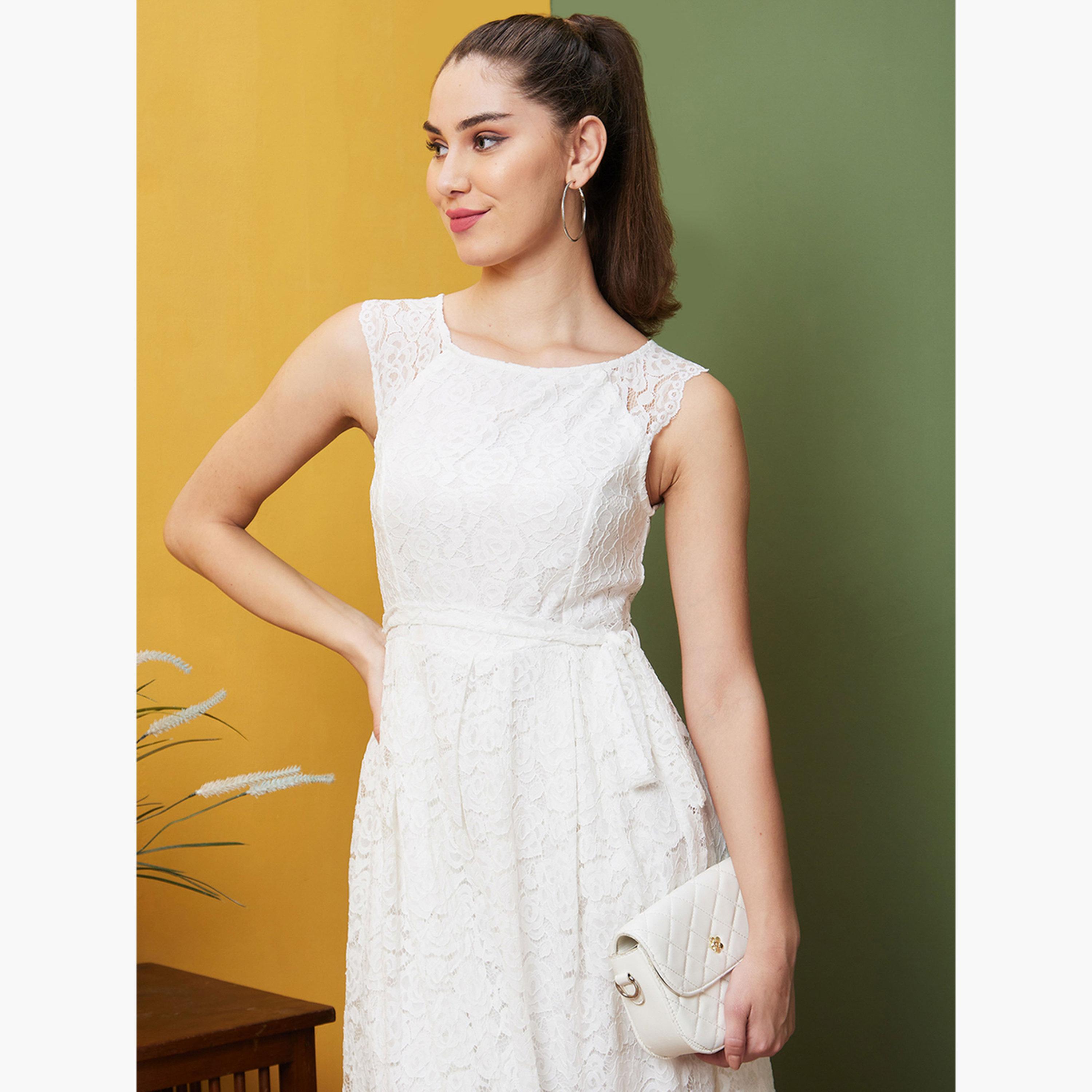 غلوبوص × ستايلي - فستان أبيض مزهر من الدانتيل بطول الركبة مع حزام-women-clothing-dresses-image-5