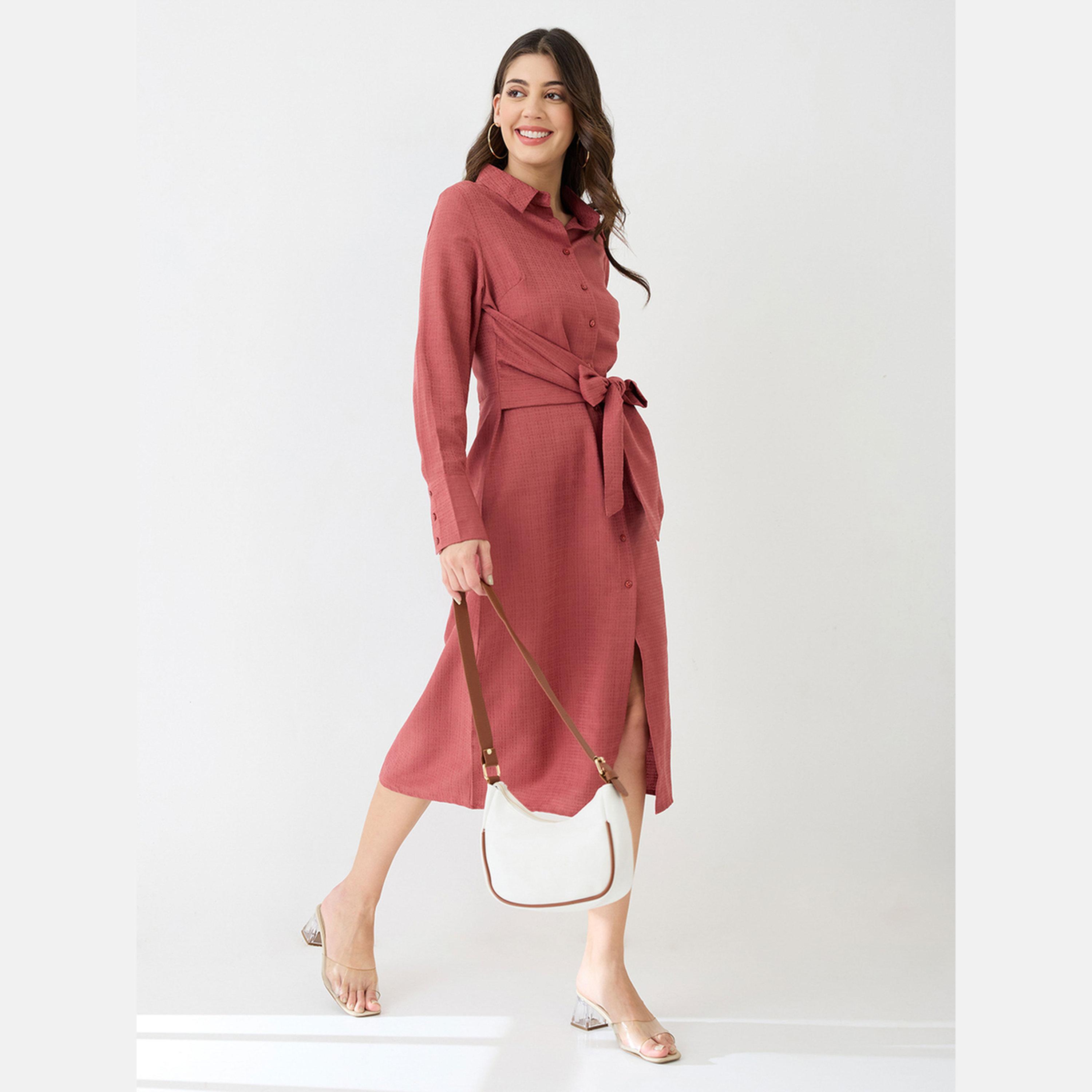 غلوبوص × ستايلي - فستان نسائي وردي متوسط ​​الطول بقميص وياقة-women-clothing-dresses-image-1