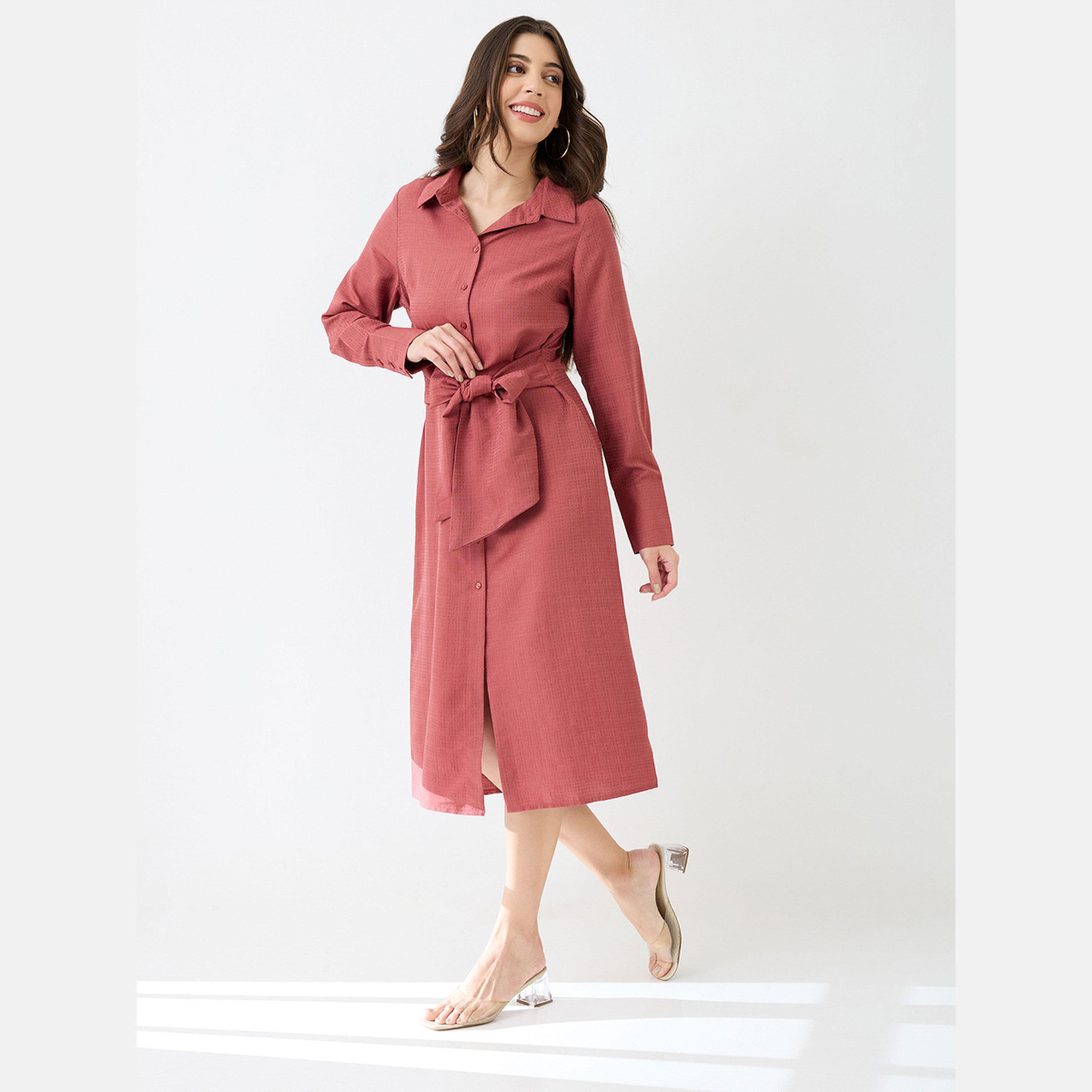 Globus X Styli Women Pink Collared Neck Shirt Midi Dress-women-clothing-dresses-image-2