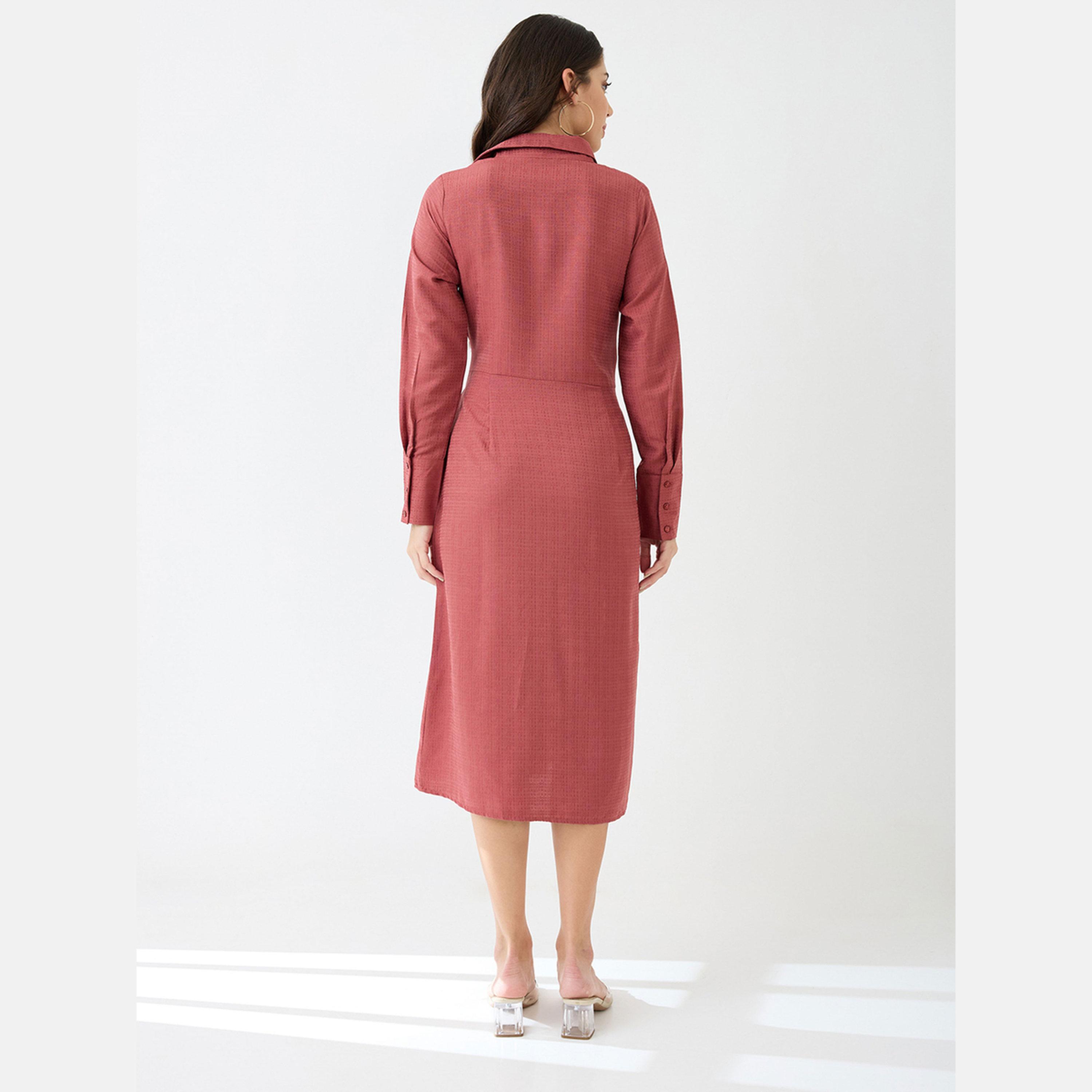 غلوبوص × ستايلي - فستان نسائي وردي متوسط ​​الطول بقميص وياقة-women-clothing-dresses-image-3
