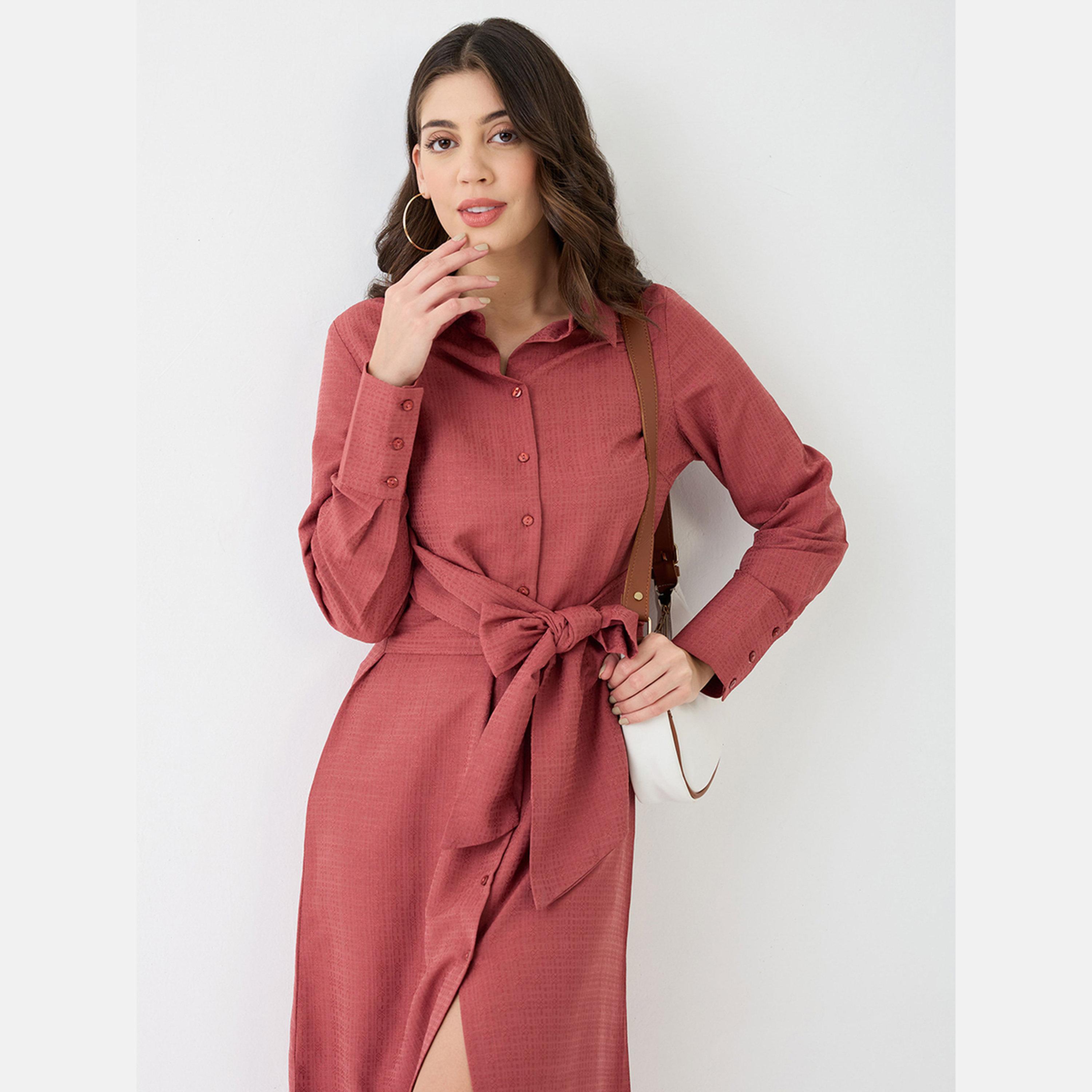 غلوبوص × ستايلي - فستان نسائي وردي متوسط ​​الطول بقميص وياقة-women-clothing-dresses-image-5