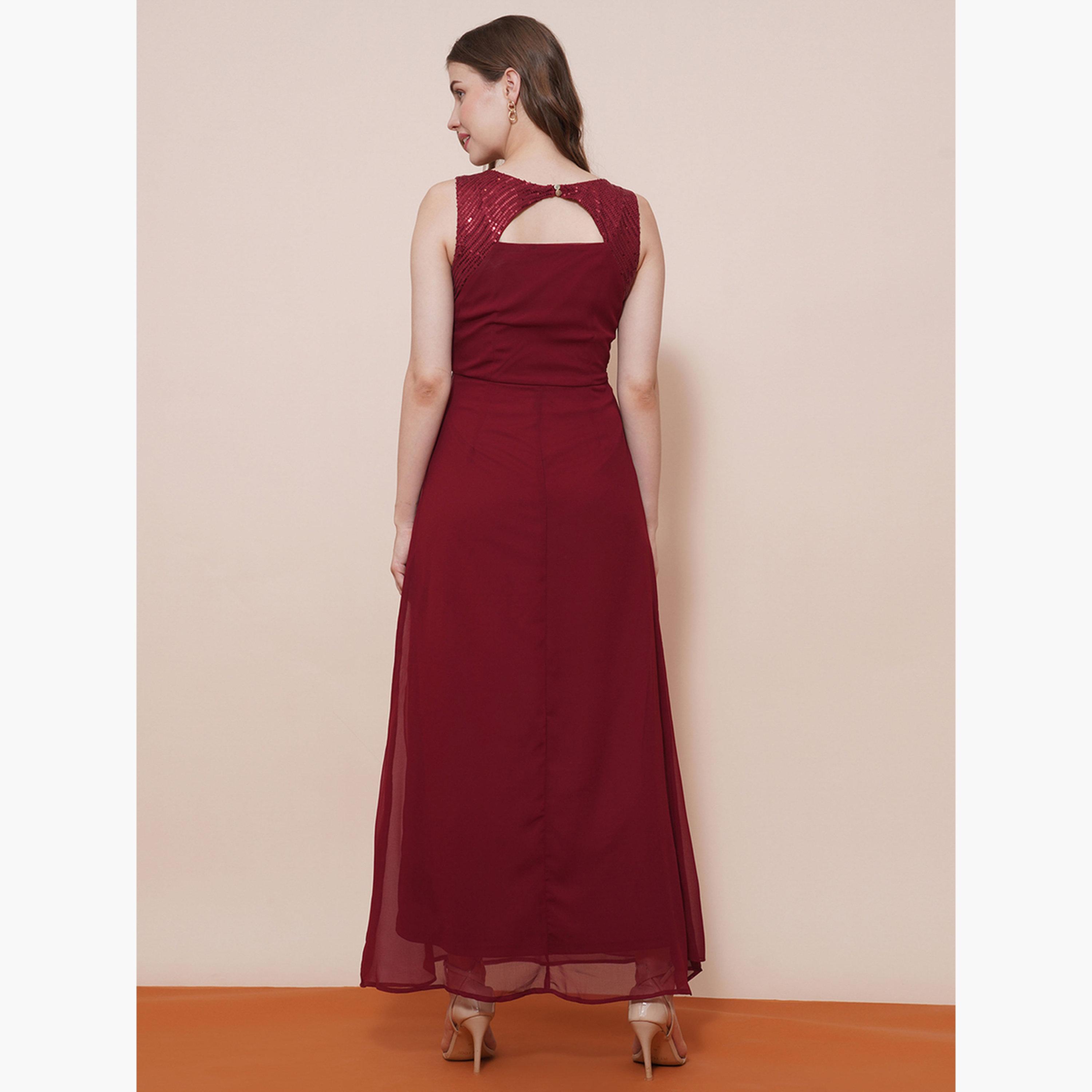 غلوبوص × ستايلي - فستان ماكسي نسائي باللون البرغندي برقبة حرف V ومزين بالترتر-women-clothing-dresses-image-3