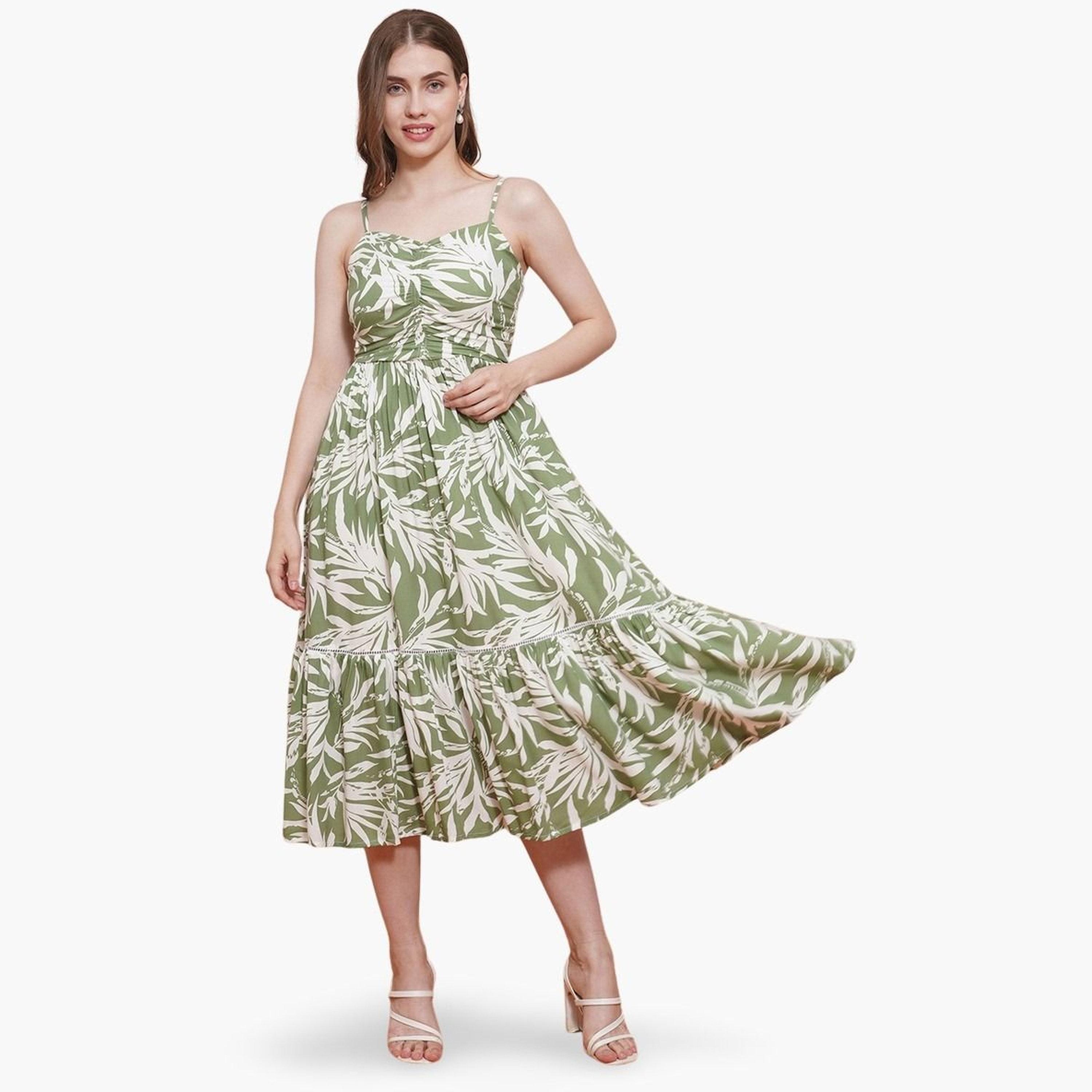 غلوبوص × ستايلي - فستان أخضر متوسط ​​الطول بفتحة صدر على شكل قلب وحمالات-women-clothing-dresses-image-1