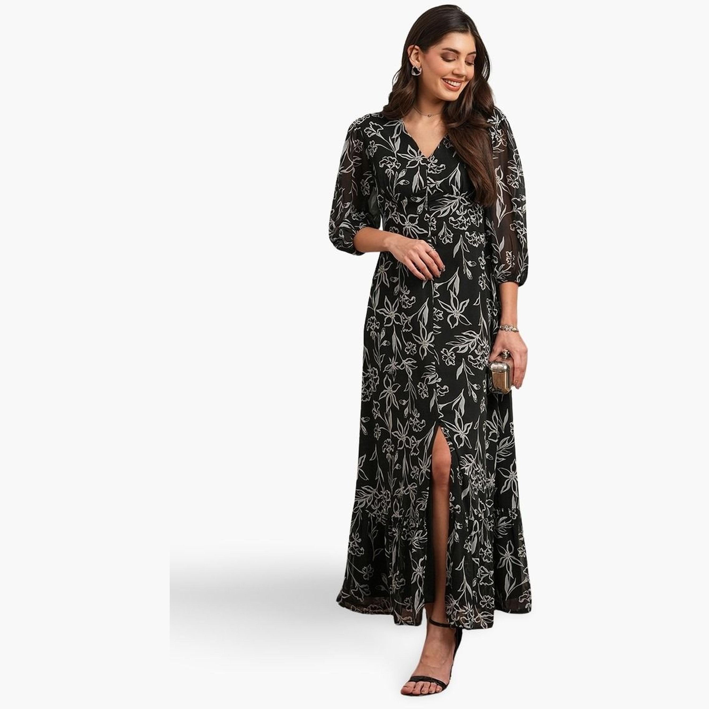 Globus X Styli Black Floral Print Front Slit Maxi Dress-women-clothing-dresses-image-1