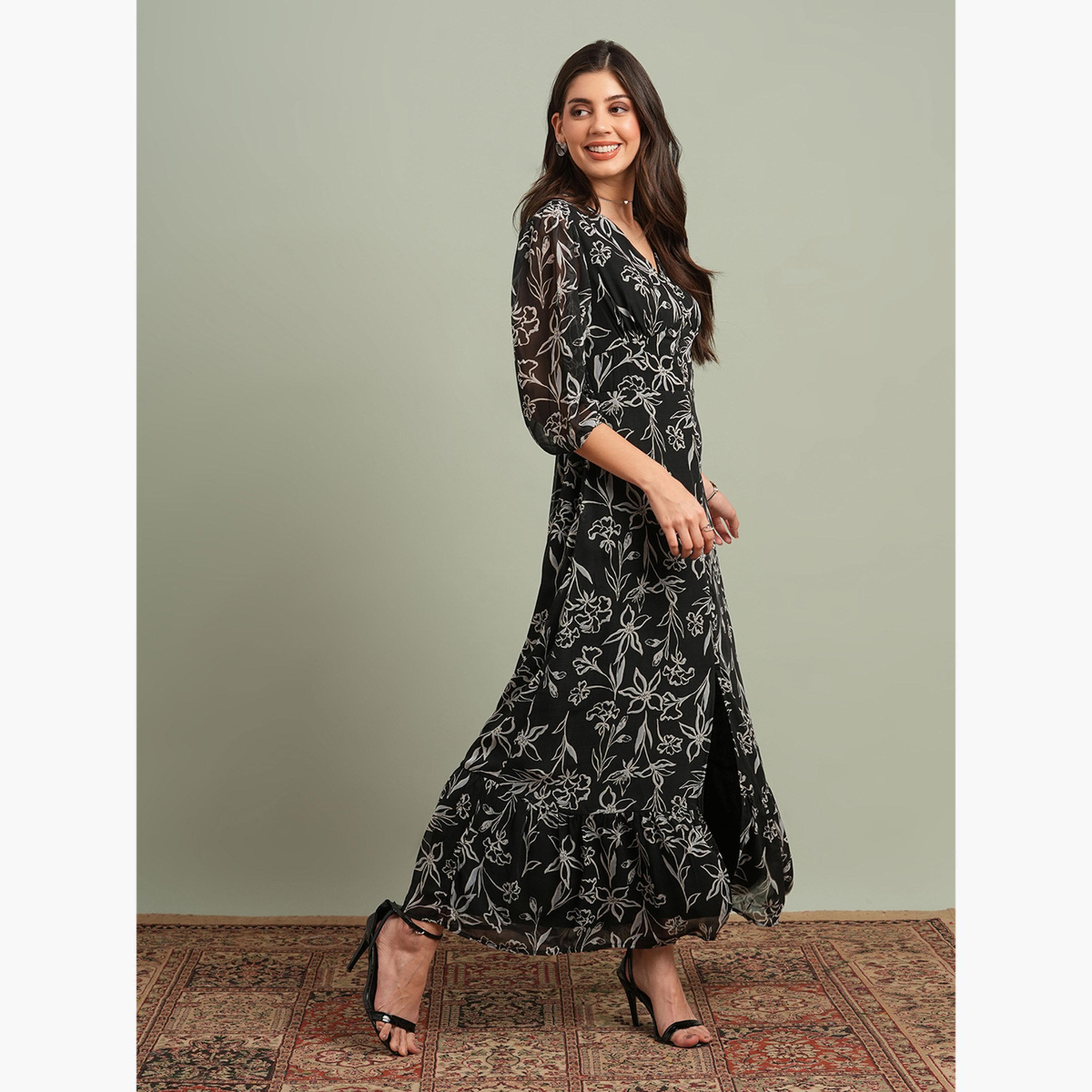 غلوبوص × ستايلي - فستان ماكسي أسود بطبعة زهور وفتحة أمامية-women-clothing-dresses-image-2