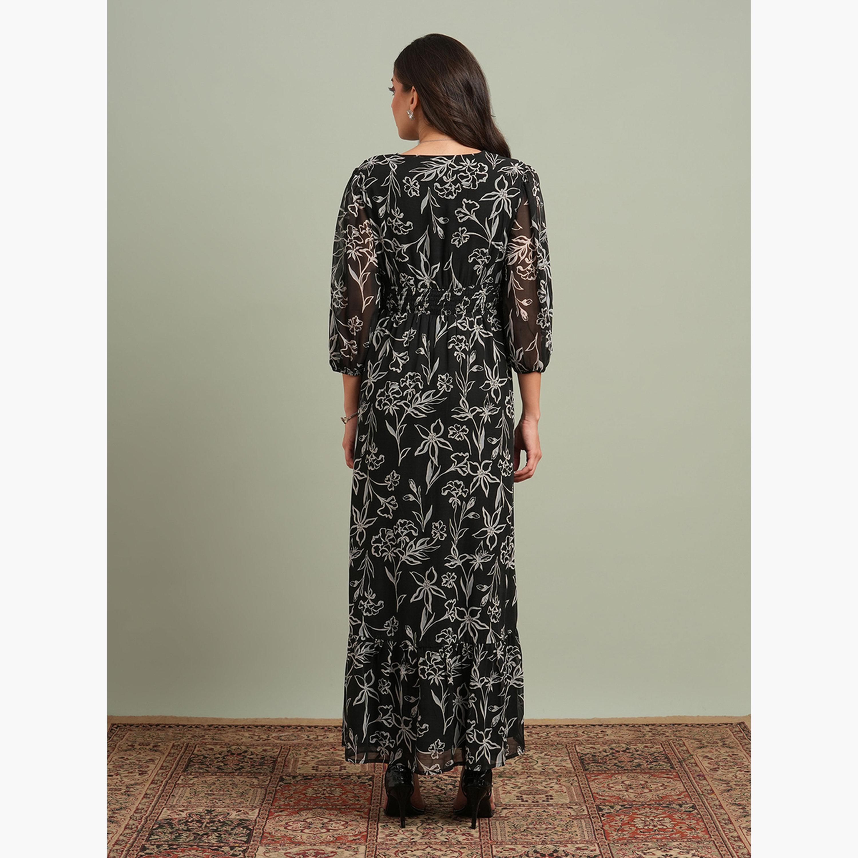 Globus X Styli Black Floral Print Front Slit Maxi Dress-women-clothing-dresses-image-3