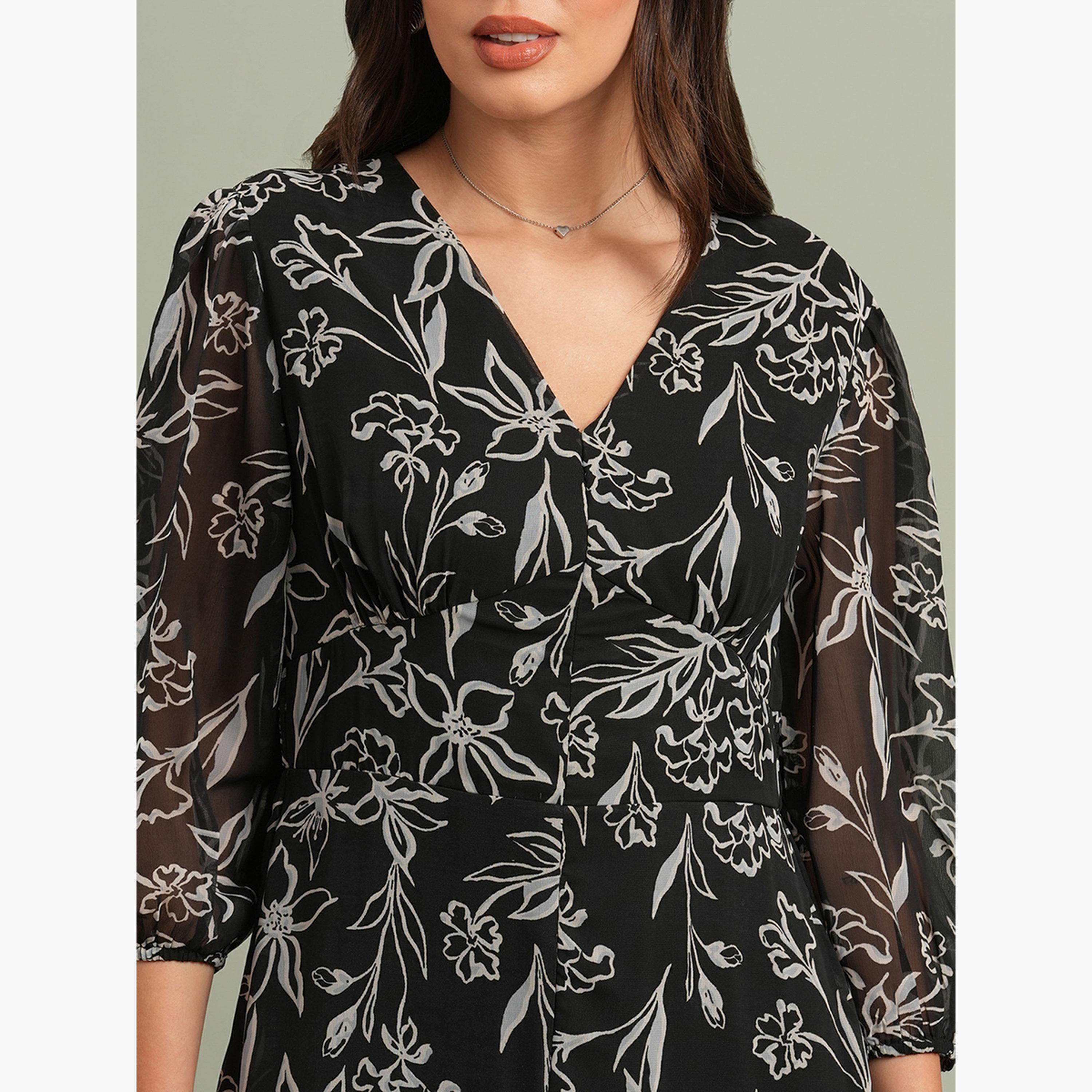 Globus X Styli Black Floral Print Front Slit Maxi Dress-women-clothing-dresses-image-4