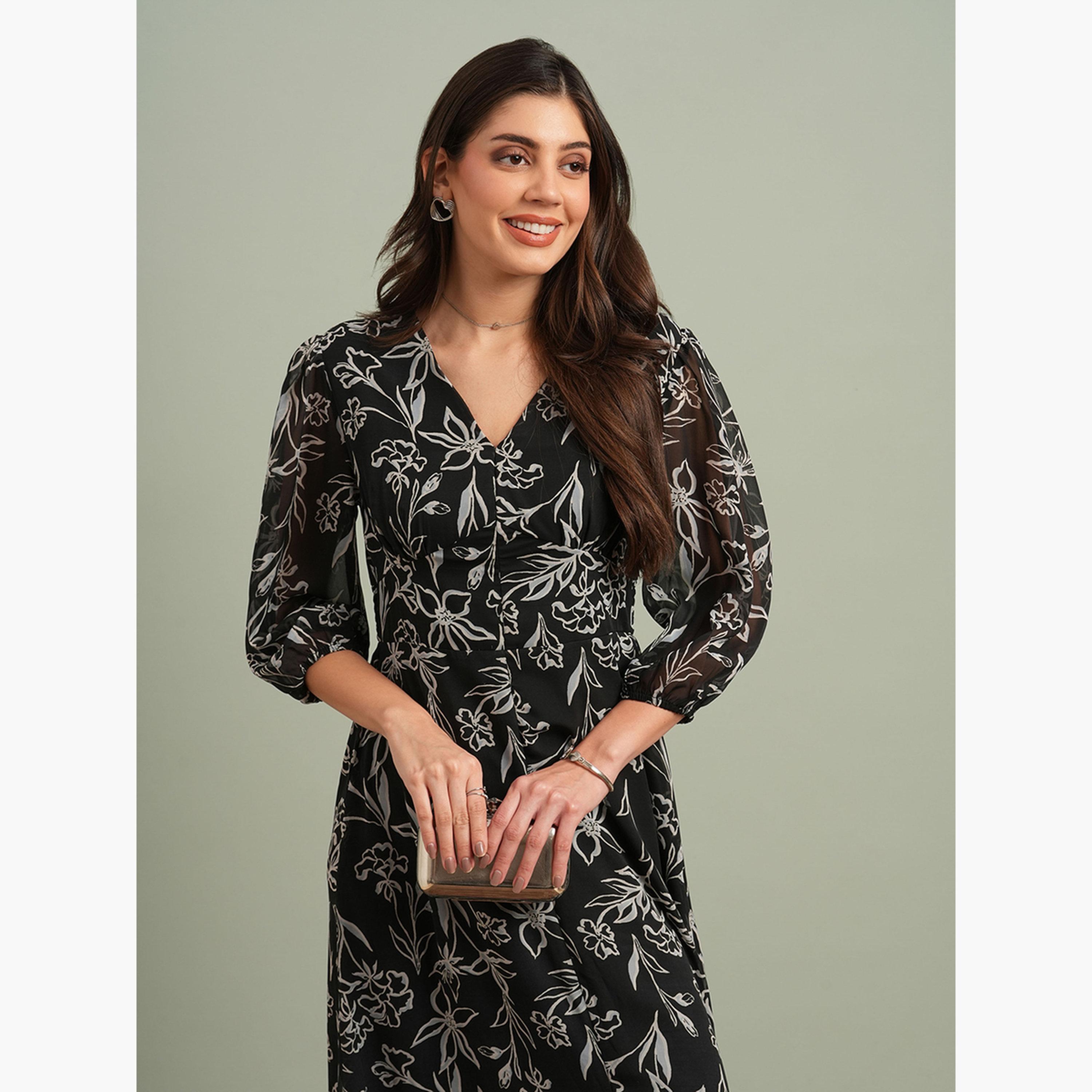 Globus X Styli Black Floral Print Front Slit Maxi Dress-women-clothing-dresses-image-5