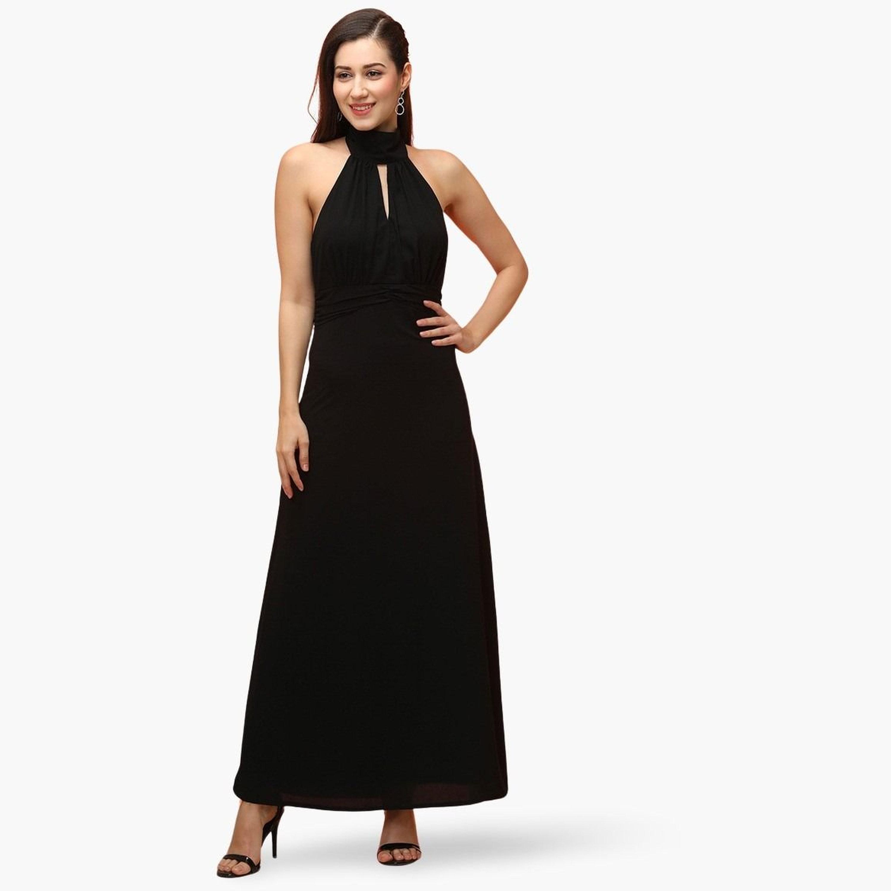 غلوبوص × ستايلي - فستان ماكسي أسود برباط حول الرقبة وتصميم A-women-clothing-dresses-image-1