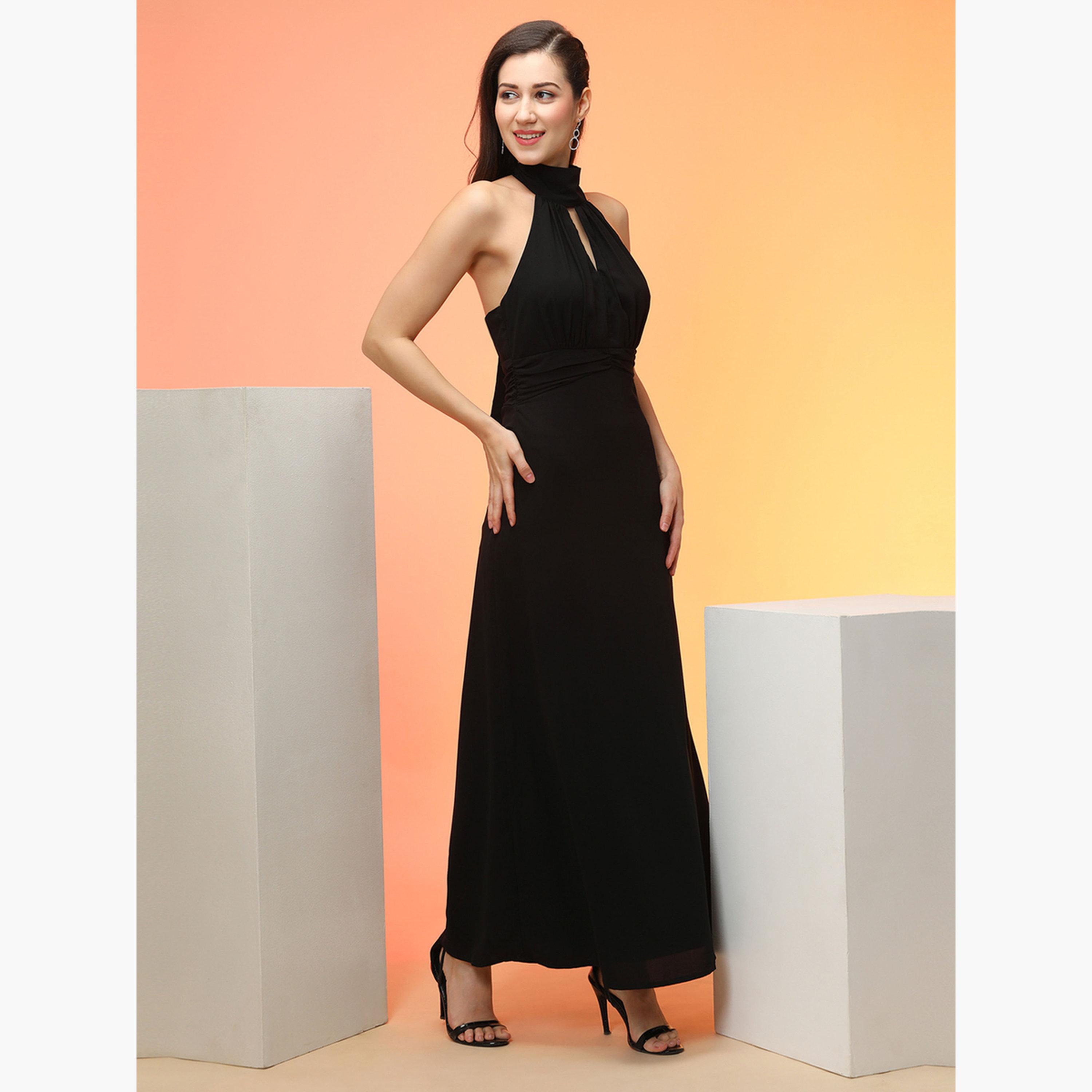 غلوبوص × ستايلي - فستان ماكسي أسود برباط حول الرقبة وتصميم A-women-clothing-dresses-image-2