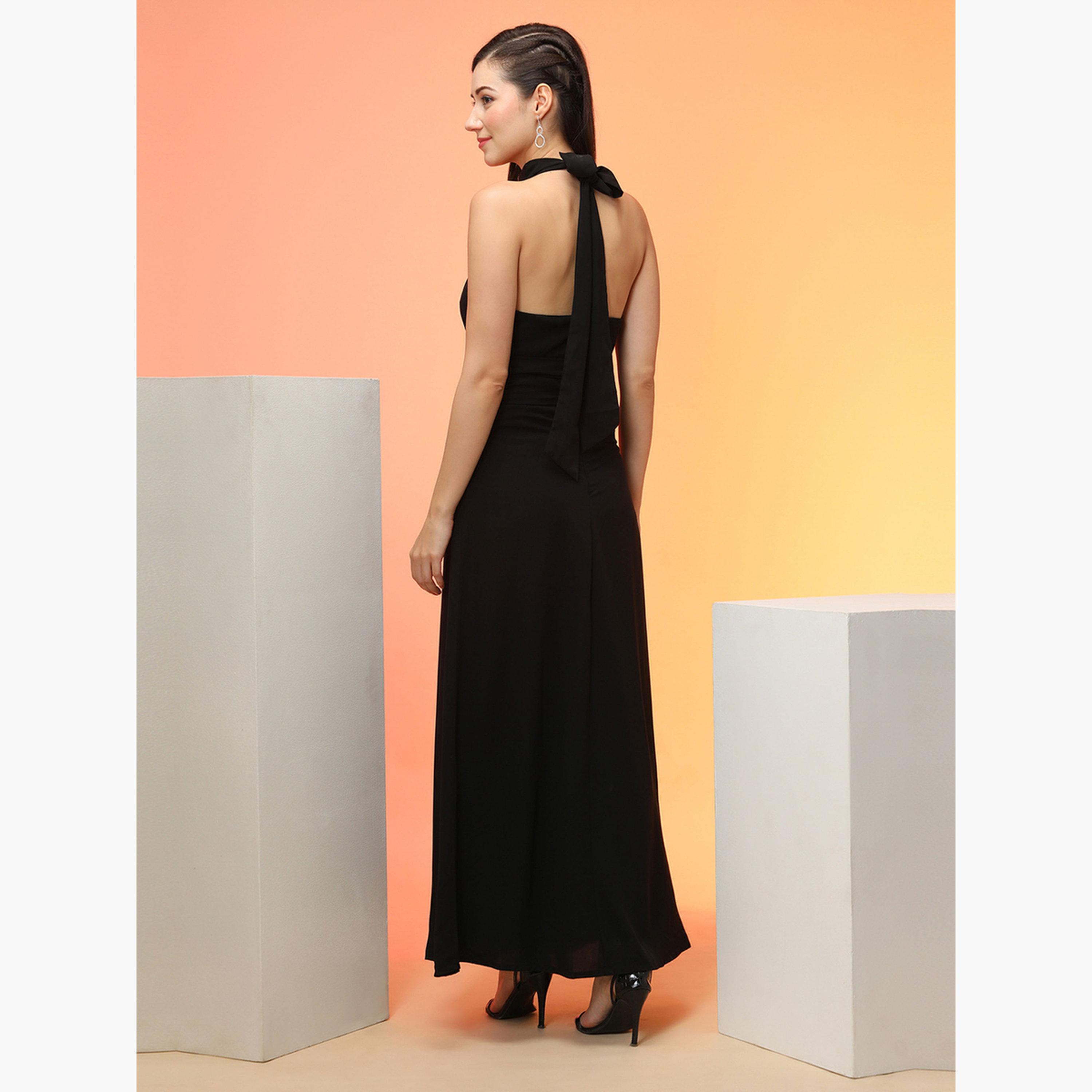 Globus X Styli Black Tie-Up Halter Neck A-Line Maxi Dress-women-clothing-dresses-image-3