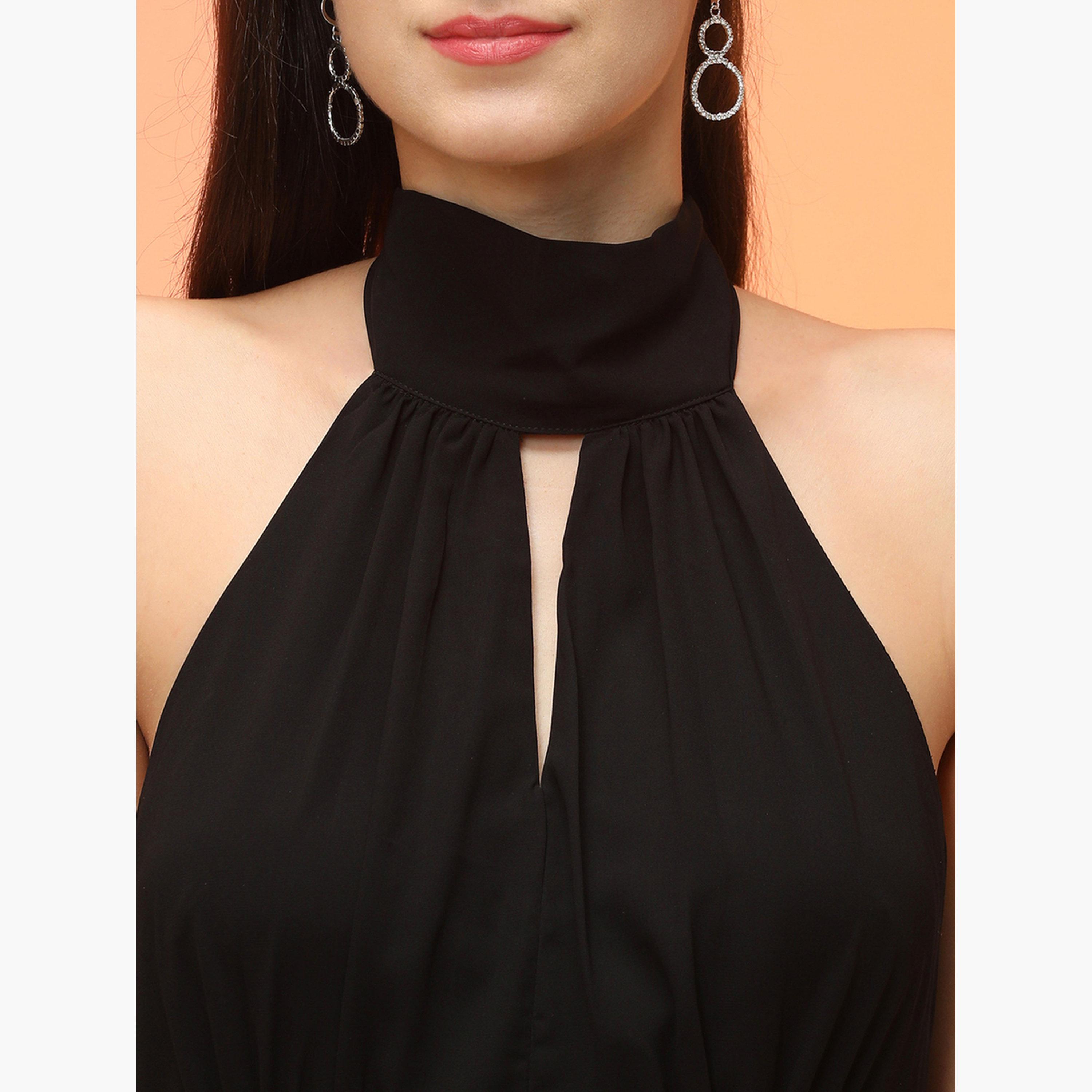 غلوبوص × ستايلي - فستان ماكسي أسود برباط حول الرقبة وتصميم A-women-clothing-dresses-image-4