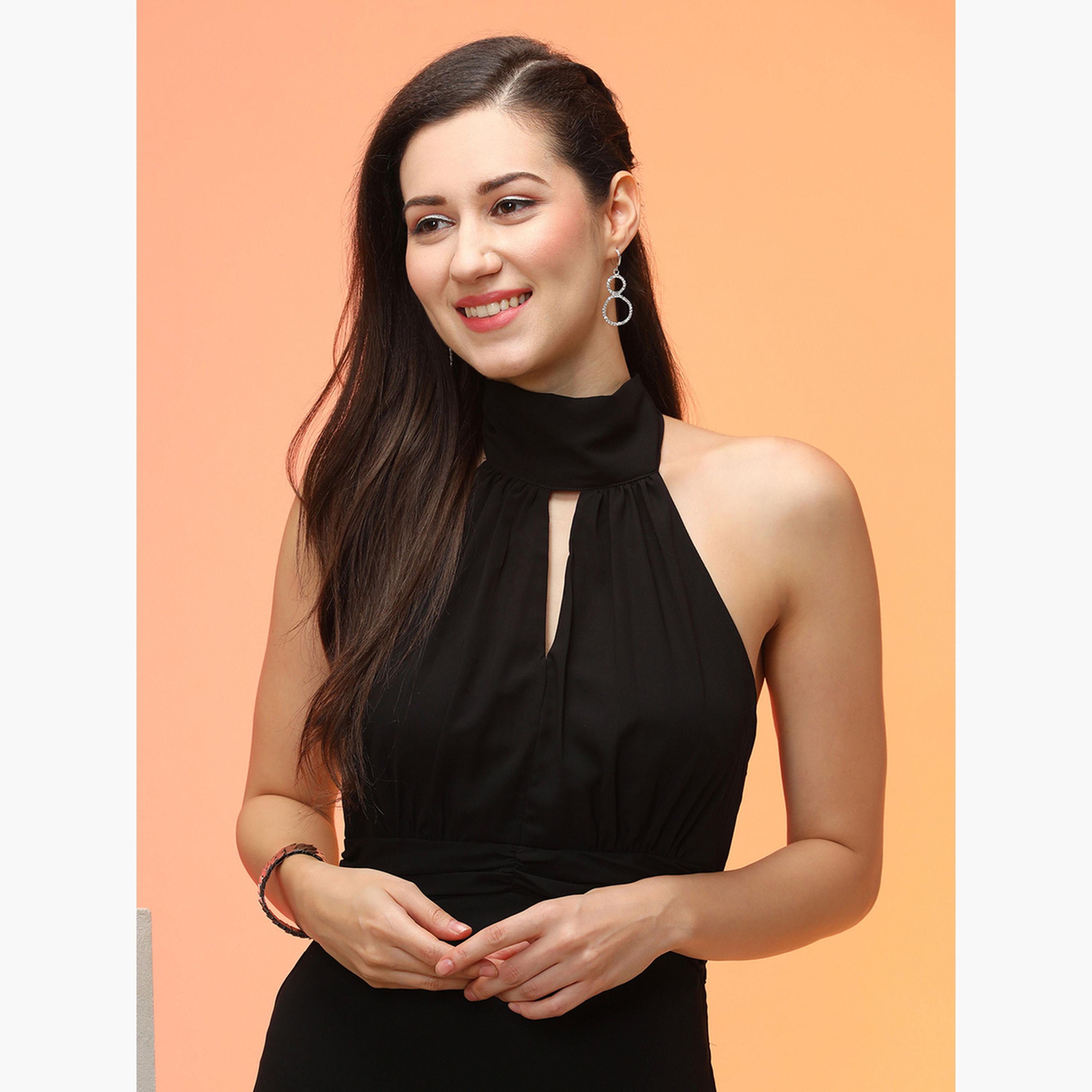 Globus X Styli Black Tie-Up Halter Neck A-Line Maxi Dress-women-clothing-dresses-image-5
