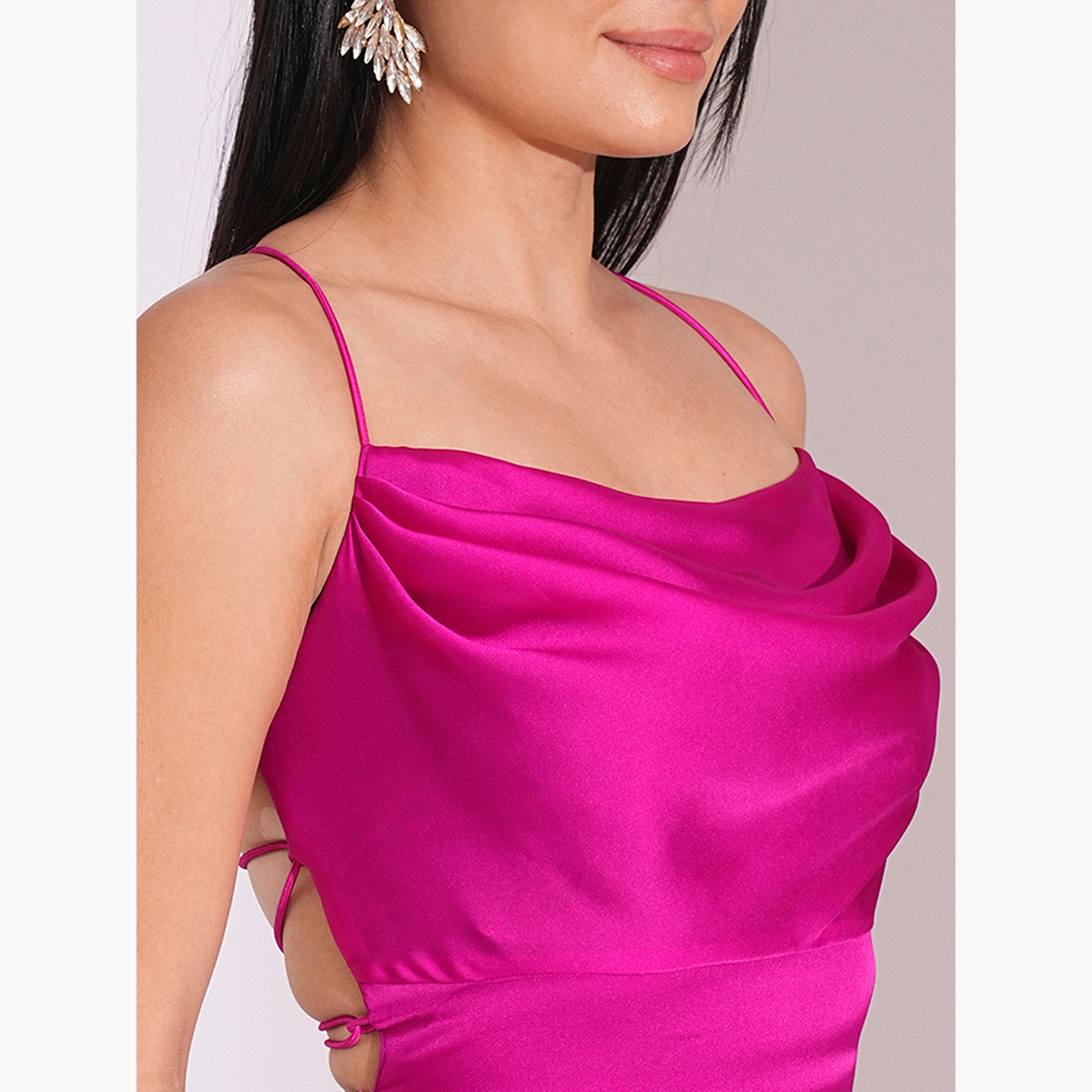 غلوبوص × ستايلي - فستان قصير باللون الفوشيا مع رقبة واسعة وظهر مكشوف-women-clothing-dresses-image-4
