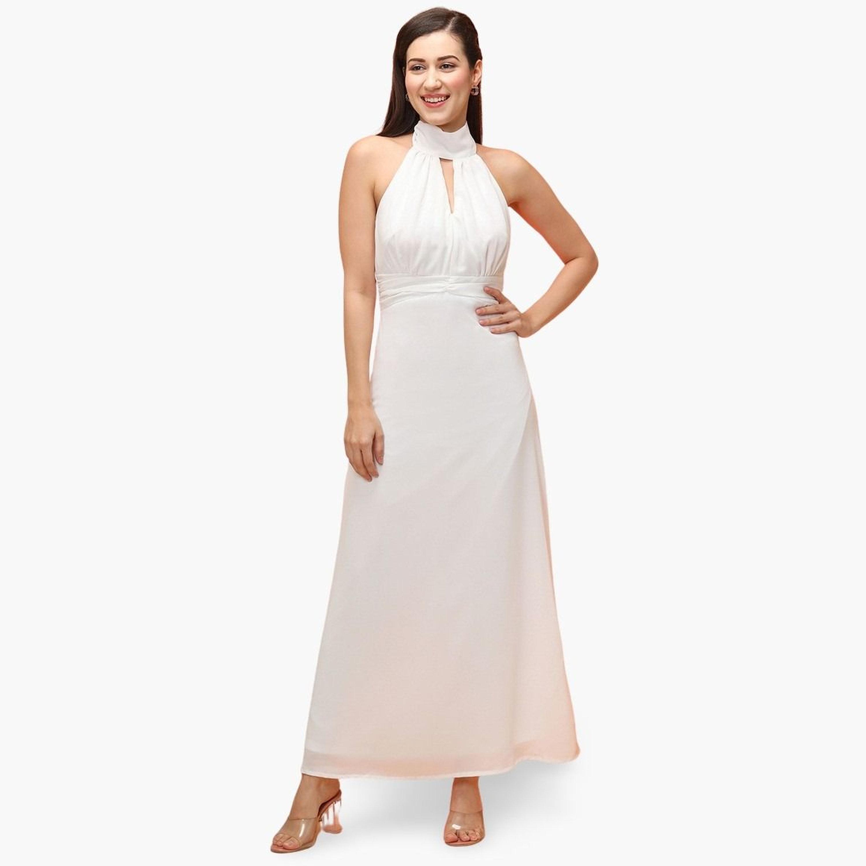 غلوبوص × ستايلي - فستان ماكسي أبيض برباط حول الرقبة تصميم A-women-clothing-dresses-image-1