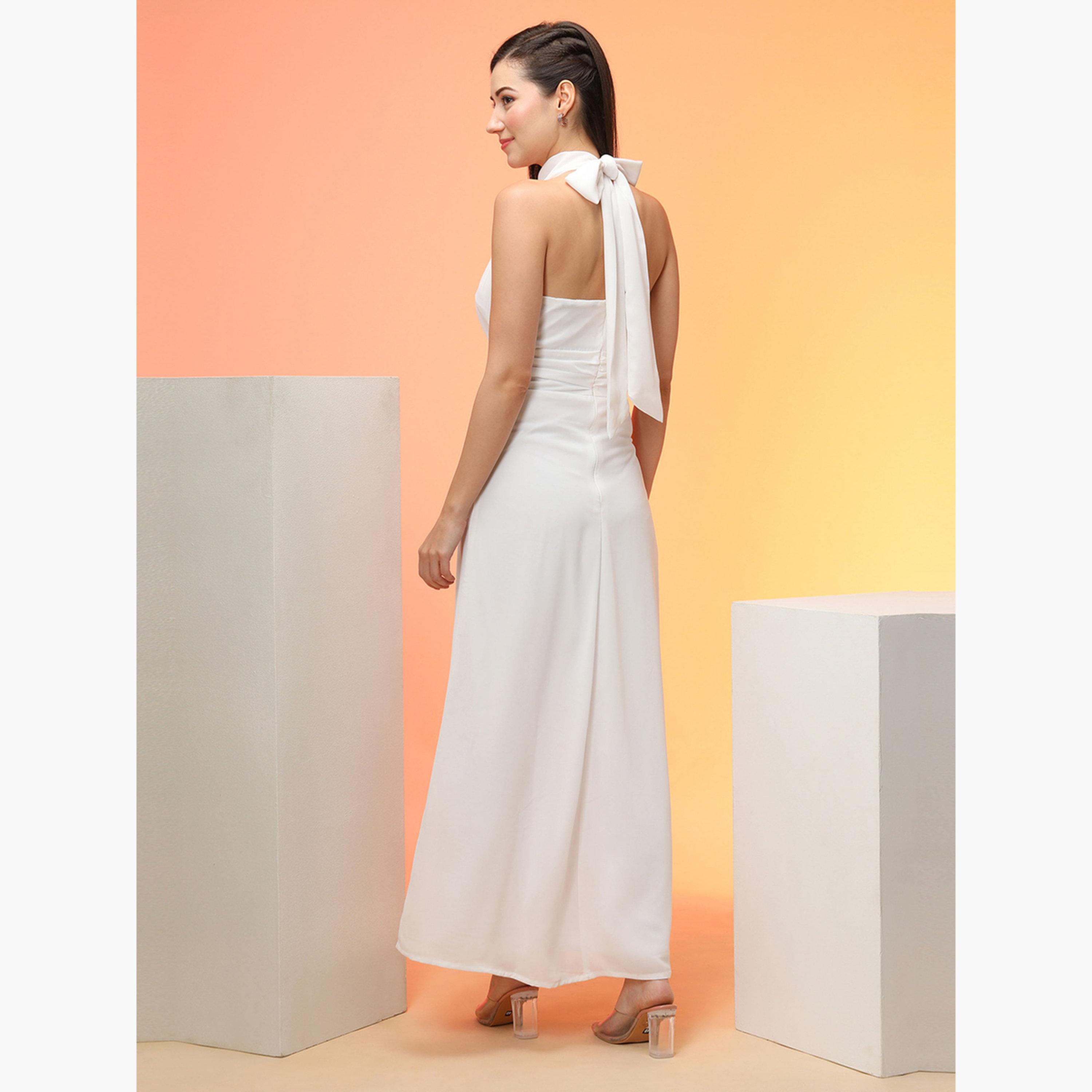 غلوبوص × ستايلي - فستان ماكسي أبيض برباط حول الرقبة تصميم A-women-clothing-dresses-image-3