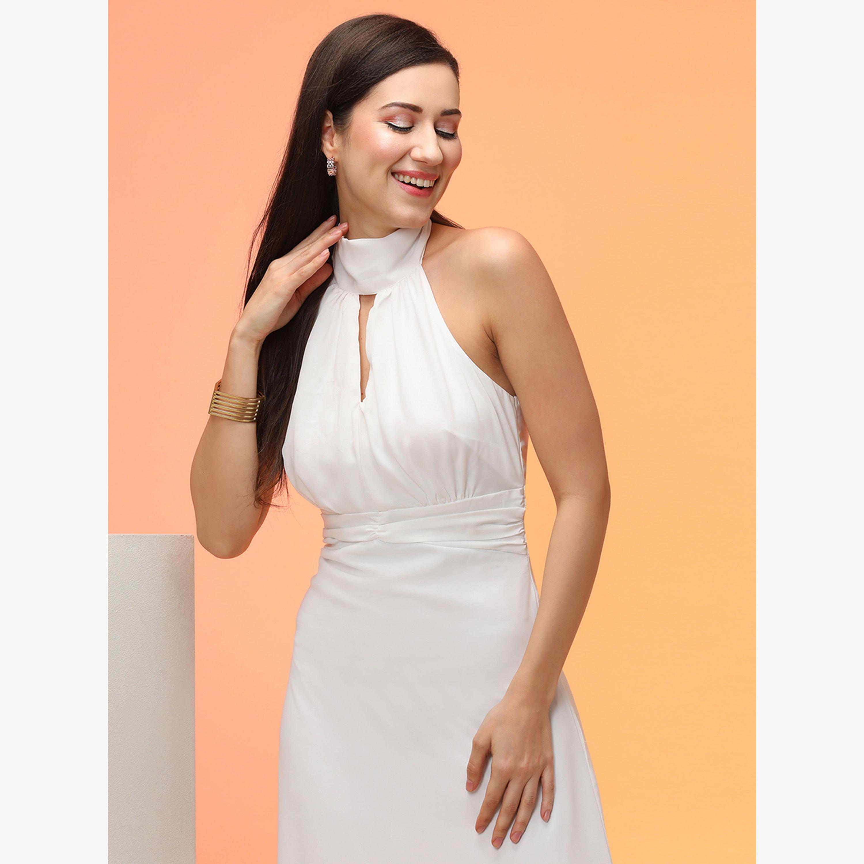 Globus X Styli White Tie-Up Halter Neck A-Line Maxi Dress-women-clothing-dresses-image-5