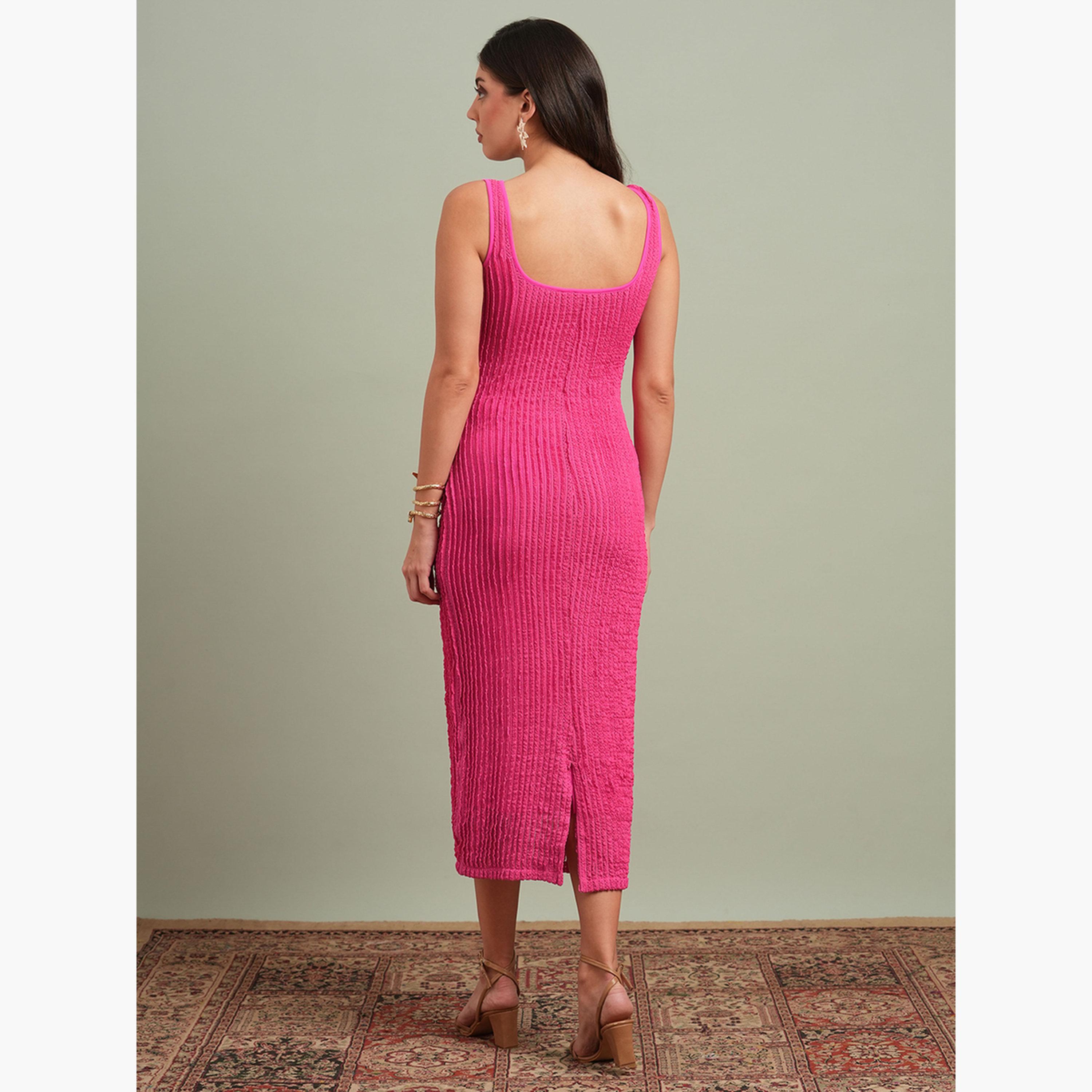 Globus X Styli Women Pink Square Neck Bodycon Midi Dress-women-clothing-dresses-image-3