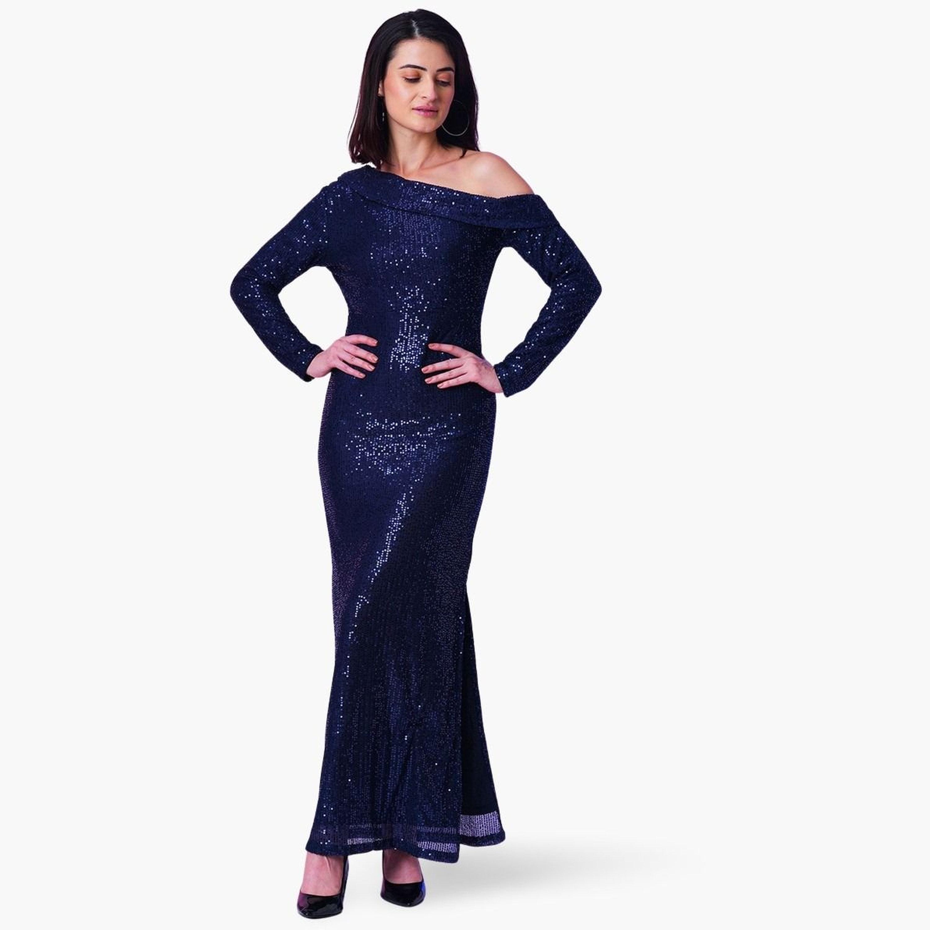 غلوبوص × ستايلي - فستان ماكسي ضيق بكتف واحد مزين بالترتر باللون الأزرق الداكن-women-clothing-dresses-image-1