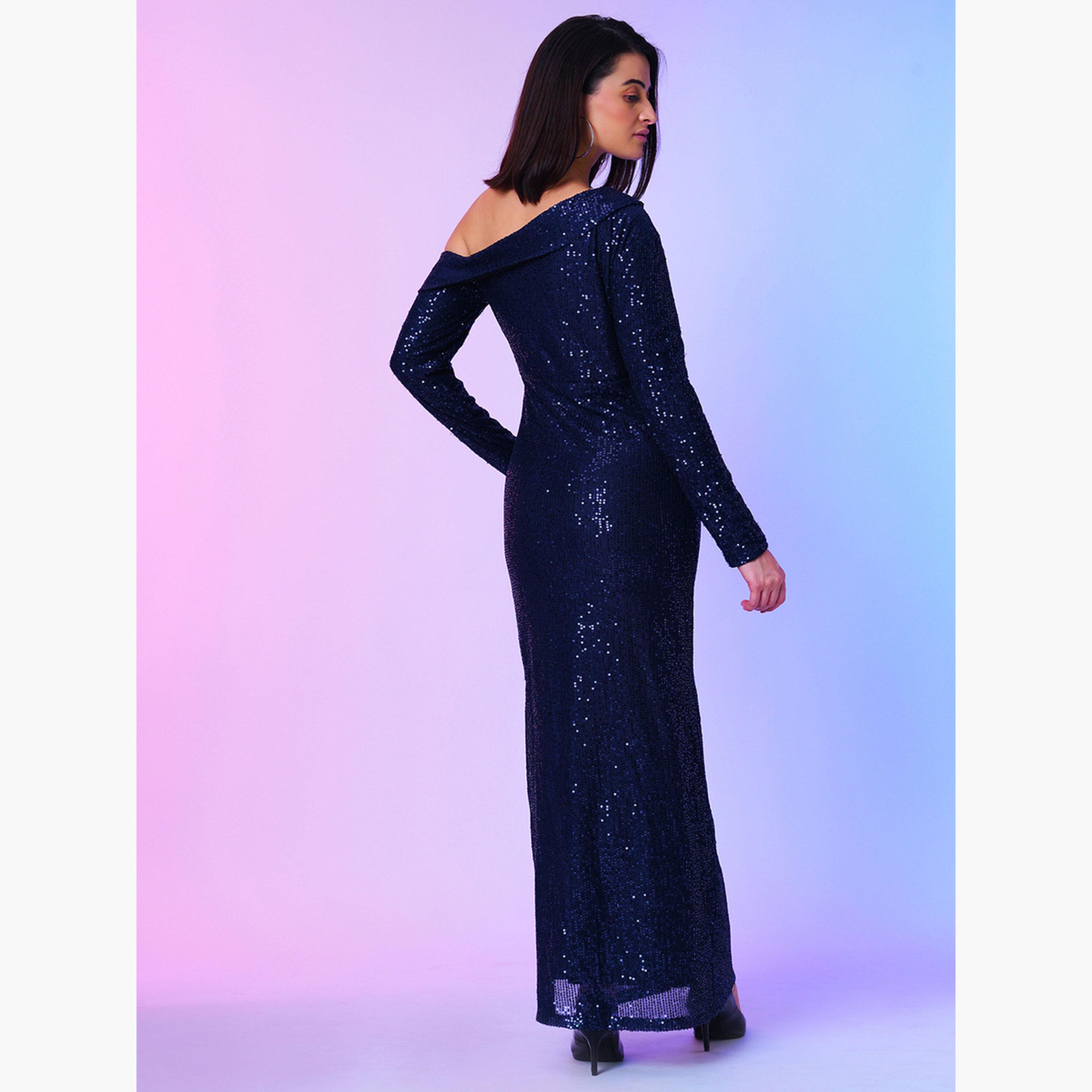 غلوبوص × ستايلي - فستان ماكسي ضيق بكتف واحد مزين بالترتر باللون الأزرق الداكن-women-clothing-dresses-image-3