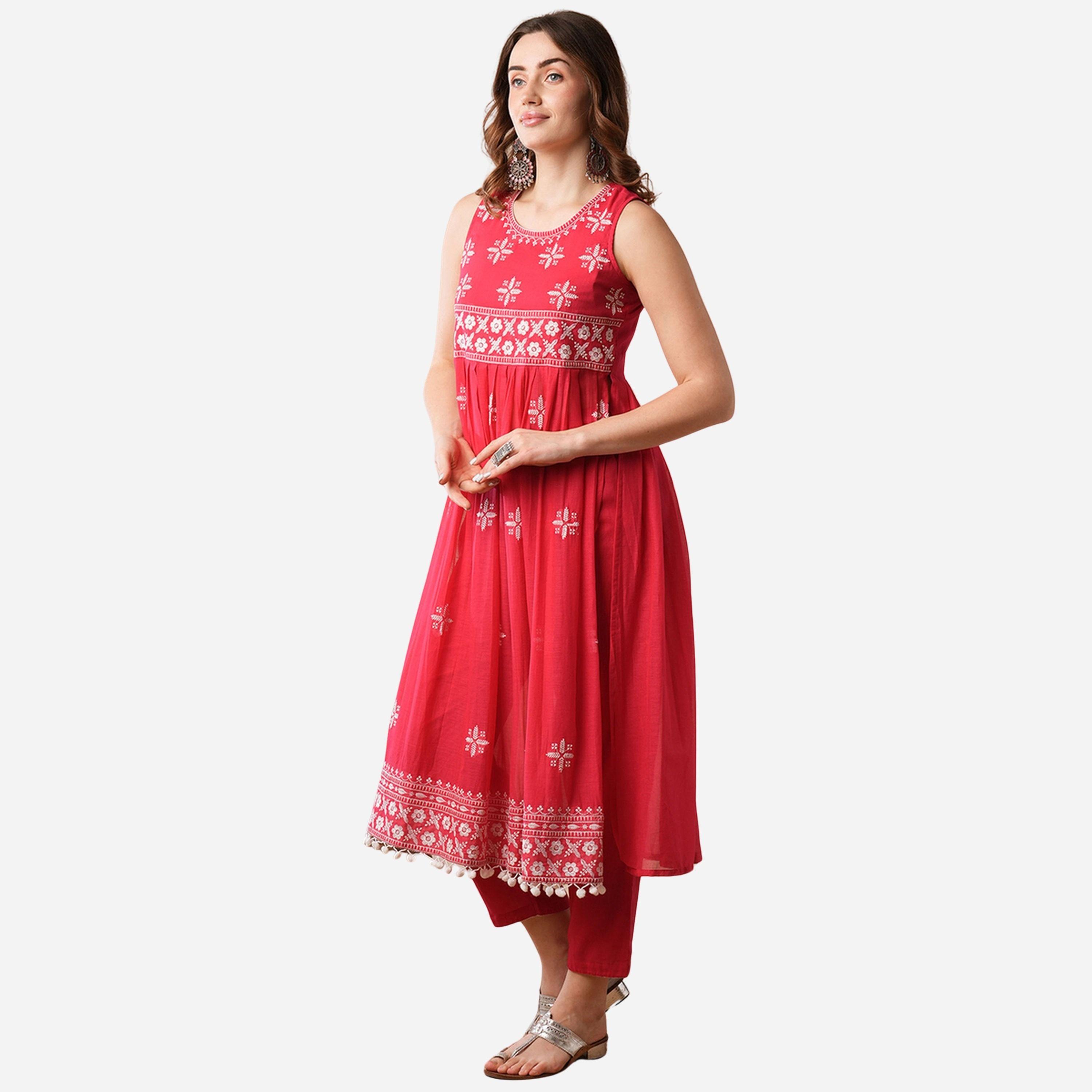 غلوبوص × ستايلي - قميص طويل كورتا وبنطال طبعة الزهور الحمراء-women-clothing-ethnicwear-kurtasets-image-1