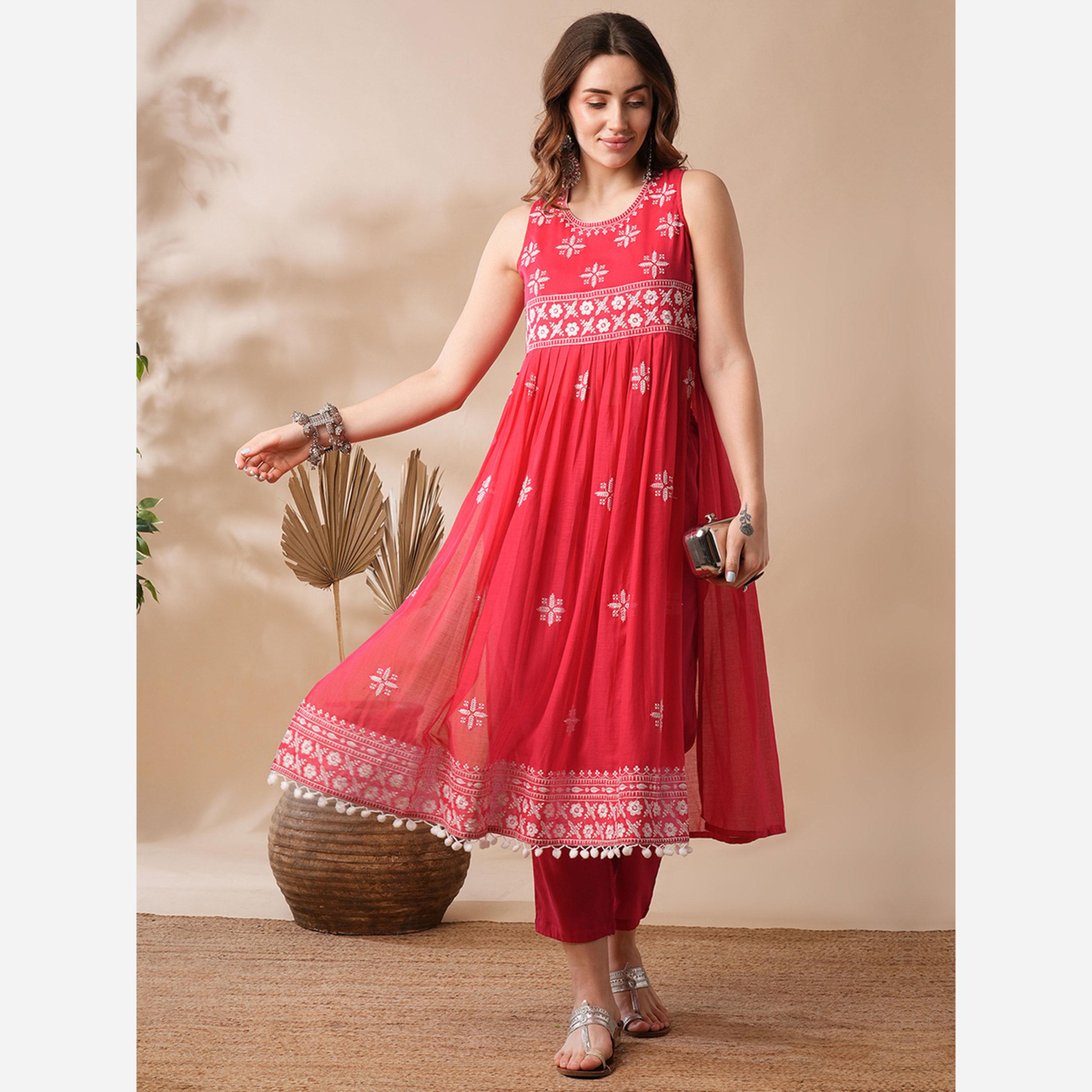 غلوبوص × ستايلي - قميص طويل كورتا وبنطال طبعة الزهور الحمراء-women-clothing-ethnicwear-kurtasets-image-2