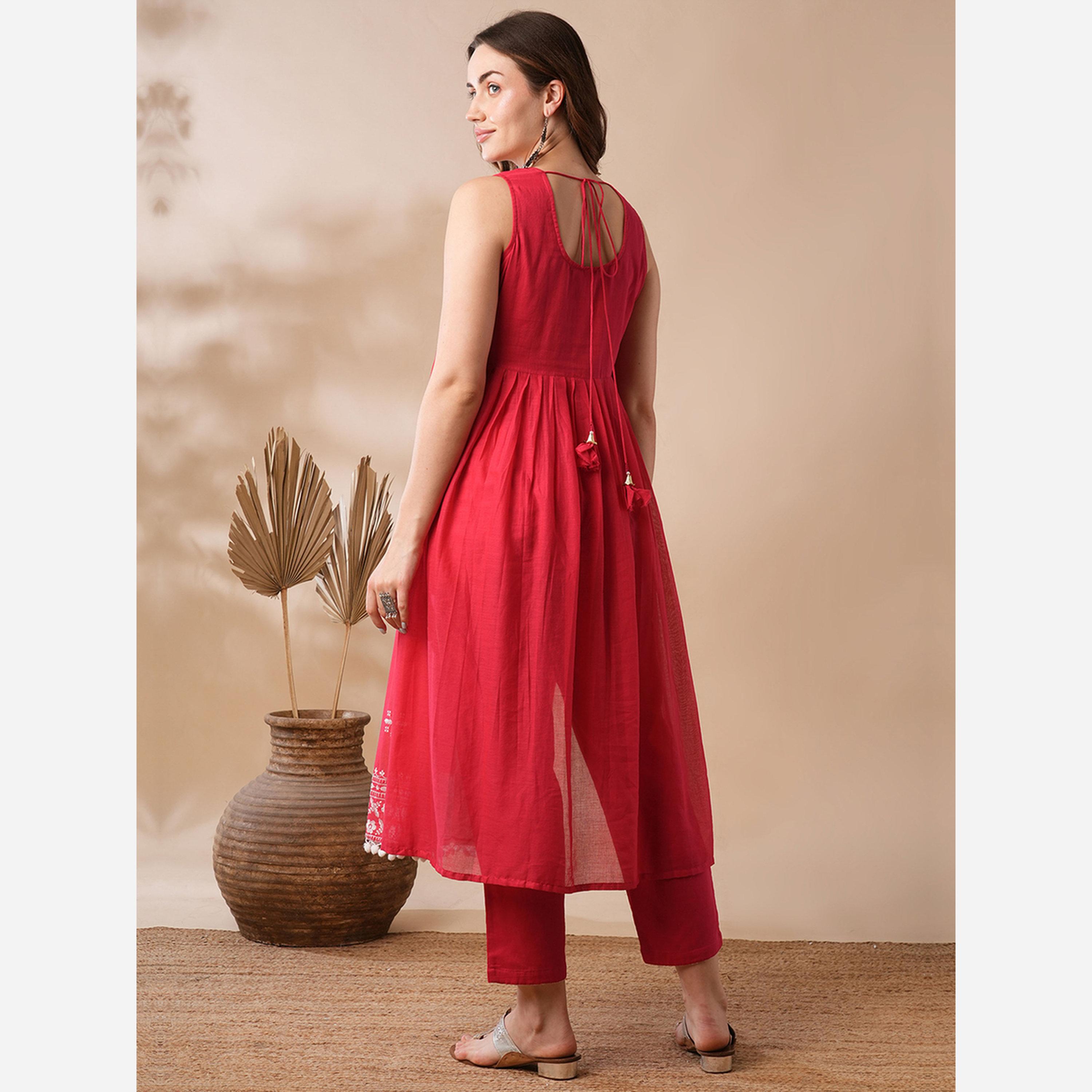Globus X Styli Red Floral Embroidered Pleated Kurta and Pants Set-women-clothing-ethnicwear-kurtasets-image-3