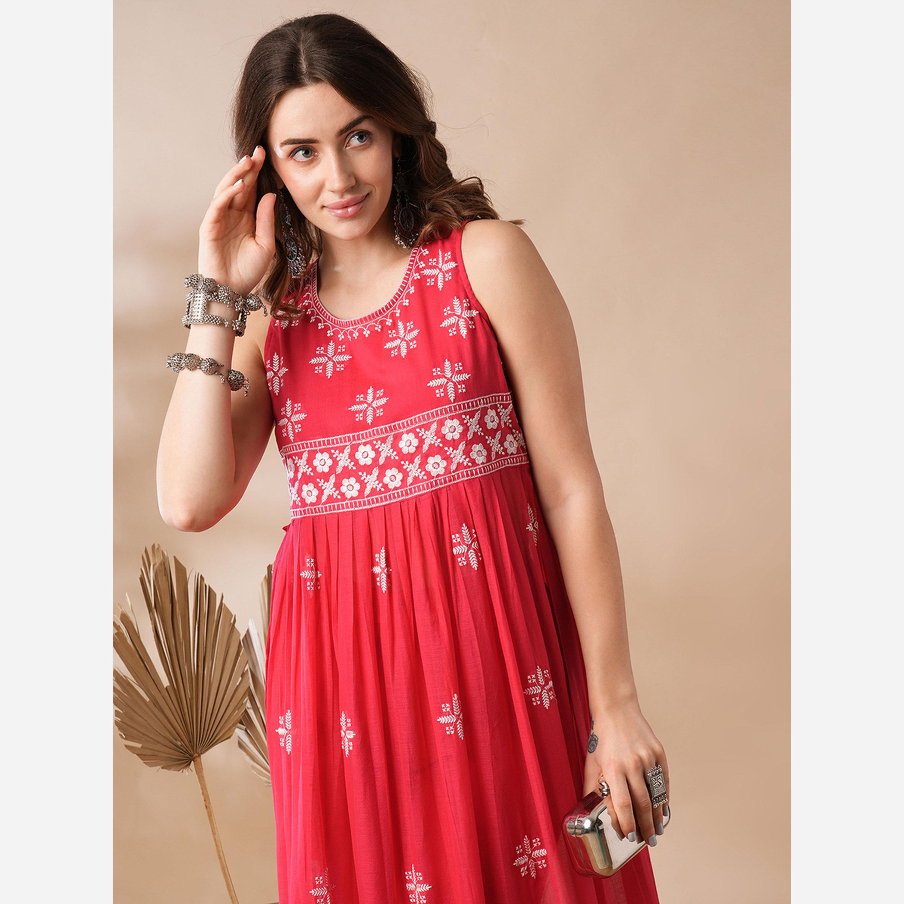 Globus X Styli Red Floral Embroidered Pleated Kurta and Pants Set-women-clothing-ethnicwear-kurtasets-image-6