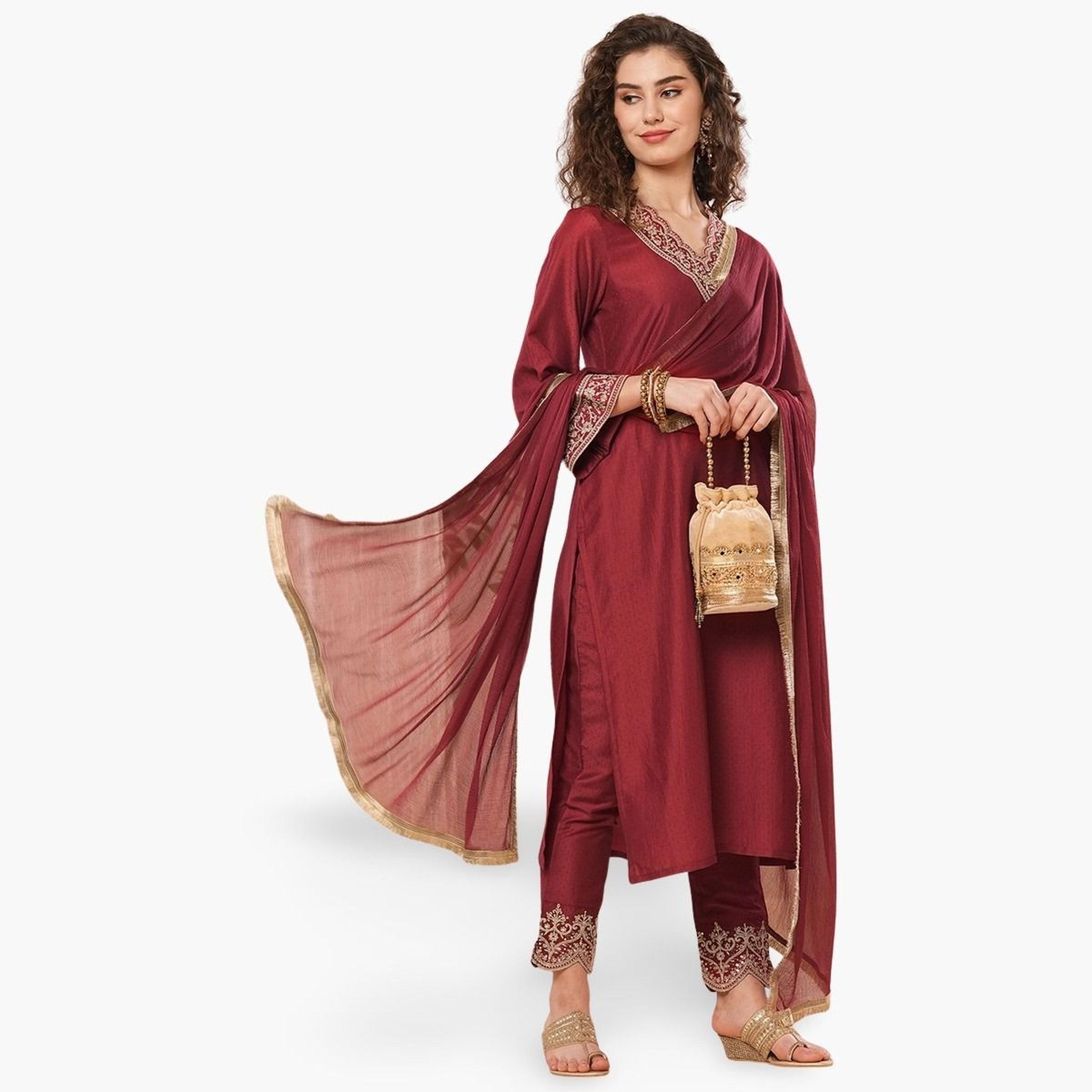Globus X Styli Maroon Floral Embroidered Kurta with Dupatta and Pant Set-women-clothing-ethnicwear-bottoms-pants-image-1