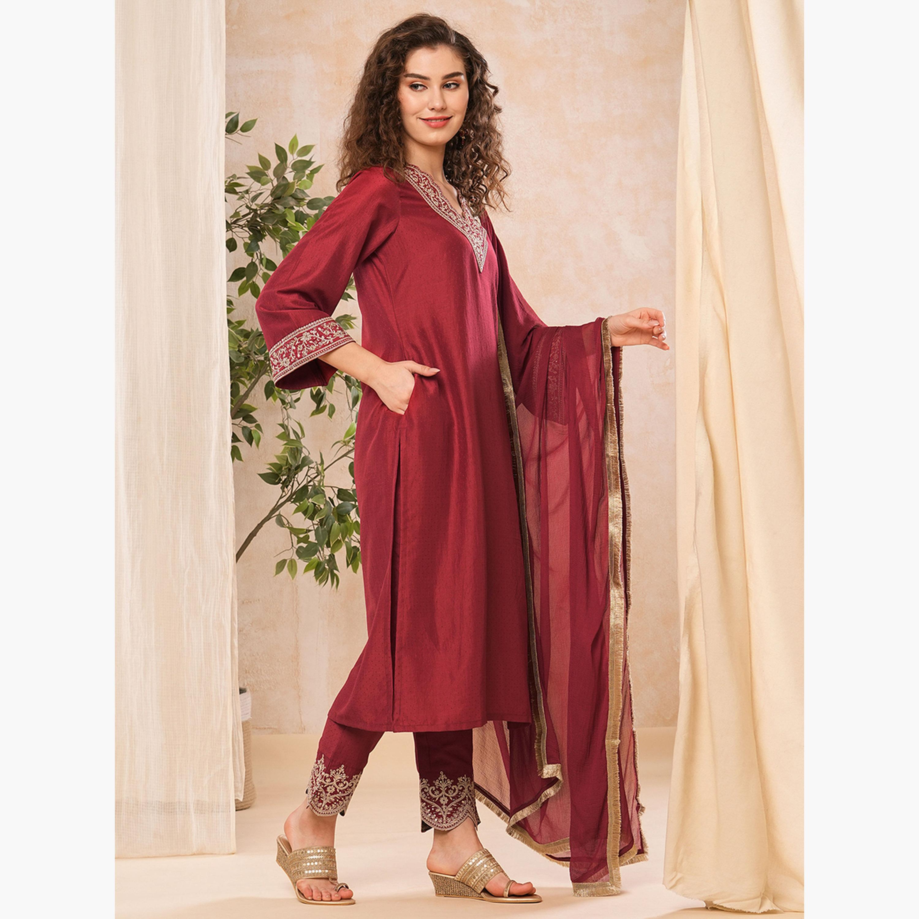 Globus X Styli Maroon Floral Embroidered Kurta with Dupatta and Pant Set-women-clothing-ethnicwear-bottoms-pants-image-2