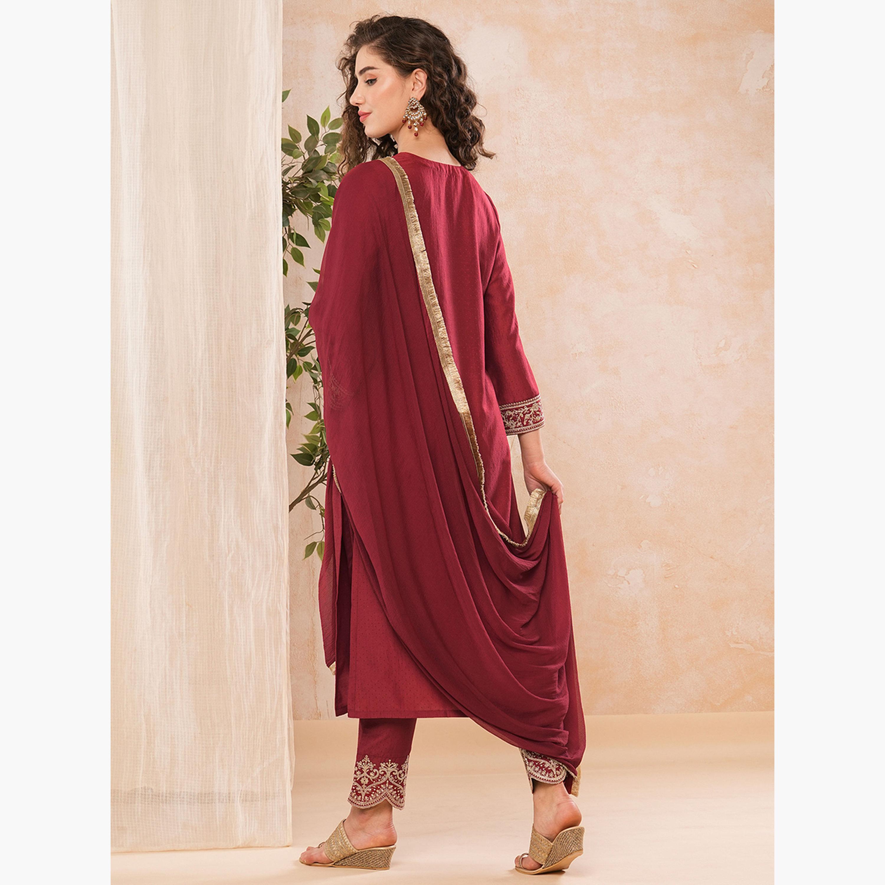 Globus X Styli Maroon Floral Embroidered Kurta with Dupatta and Pant Set-women-clothing-ethnicwear-bottoms-pants-image-3
