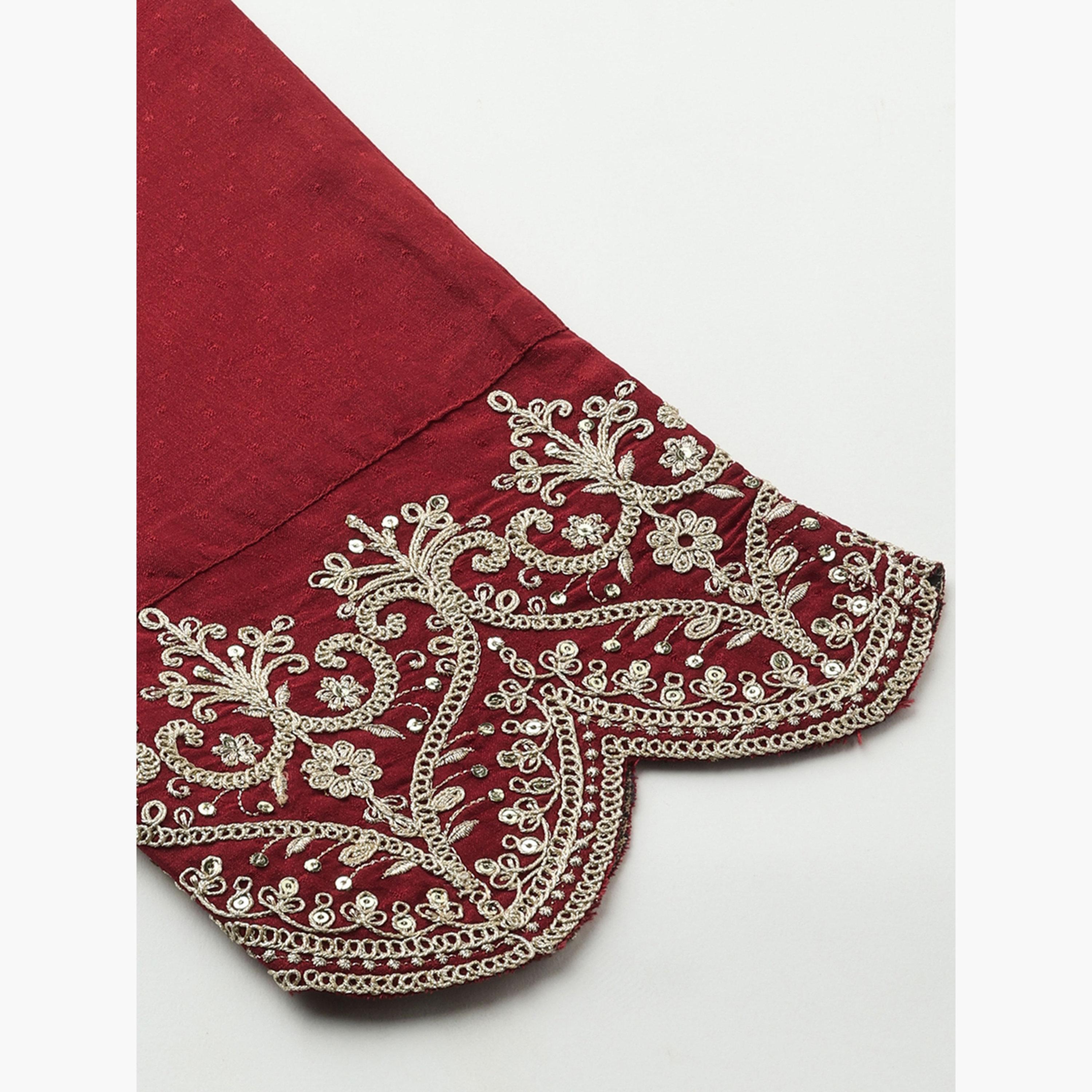 Globus X Styli Maroon Floral Embroidered Kurta with Dupatta and Pant Set-women-clothing-ethnicwear-bottoms-pants-image-4
