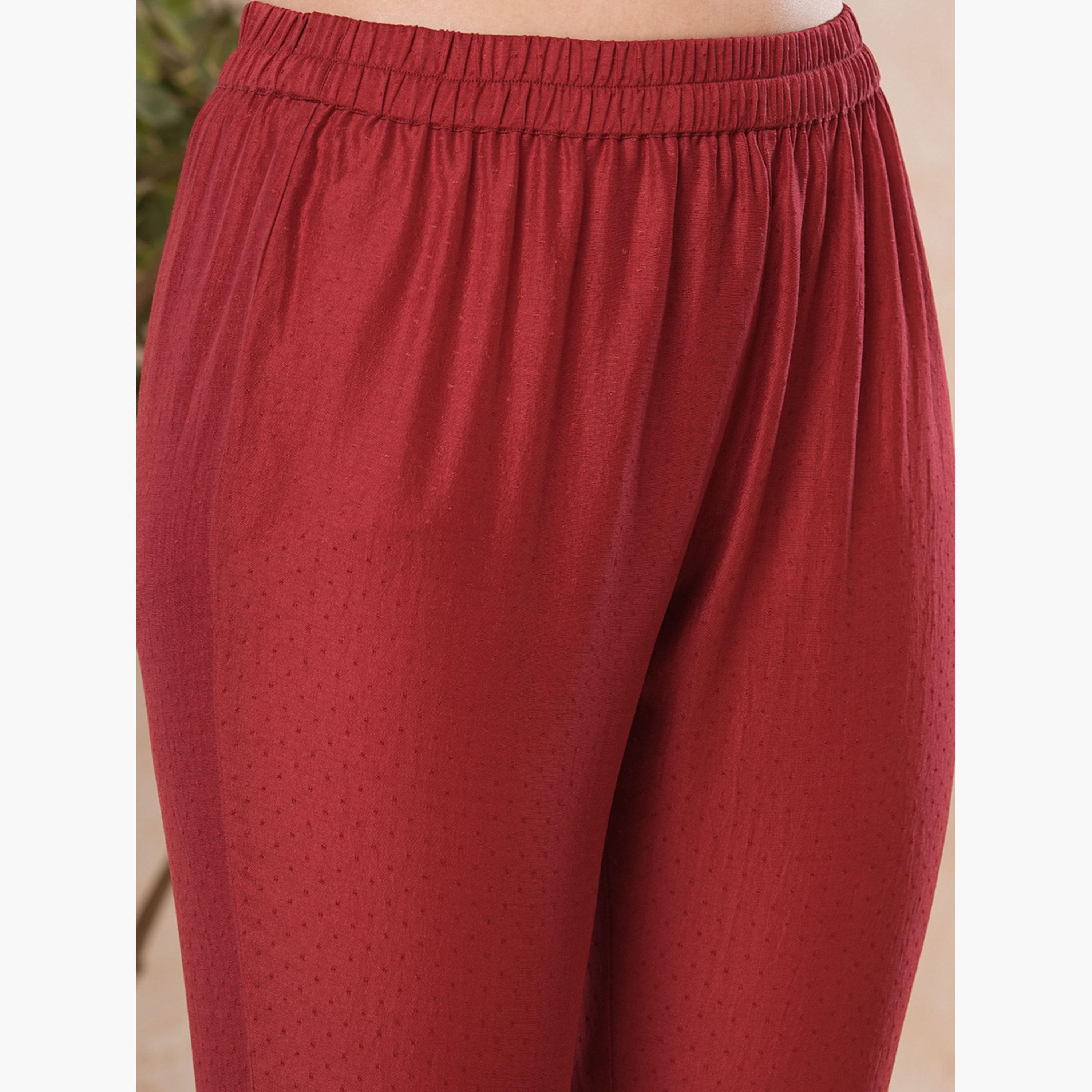 Globus X Styli Maroon Floral Embroidered Kurta with Dupatta and Pant Set-women-clothing-ethnicwear-bottoms-pants-image-5