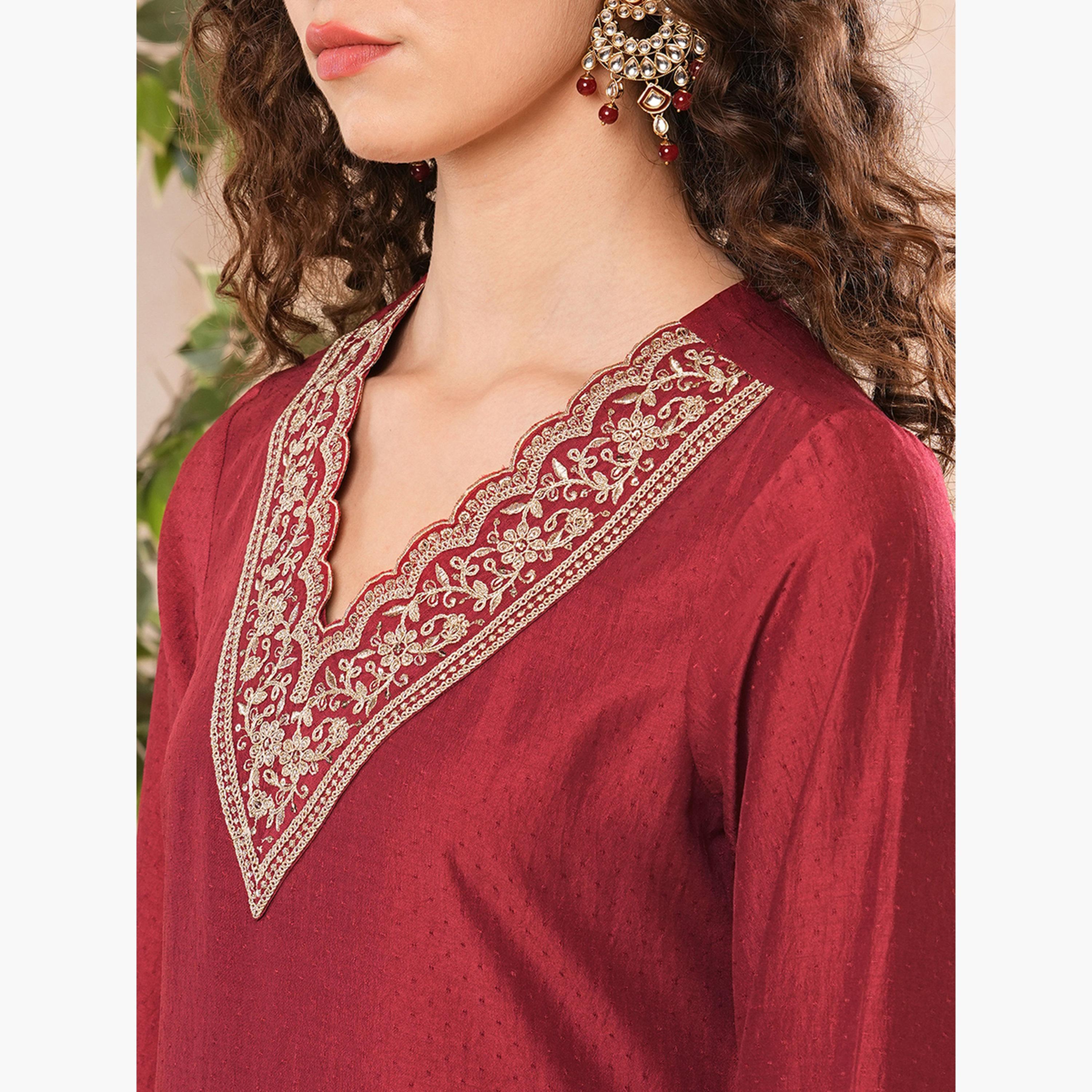 Globus X Styli Maroon Floral Embroidered Kurta with Dupatta and Pant Set-women-clothing-ethnicwear-bottoms-pants-image-6
