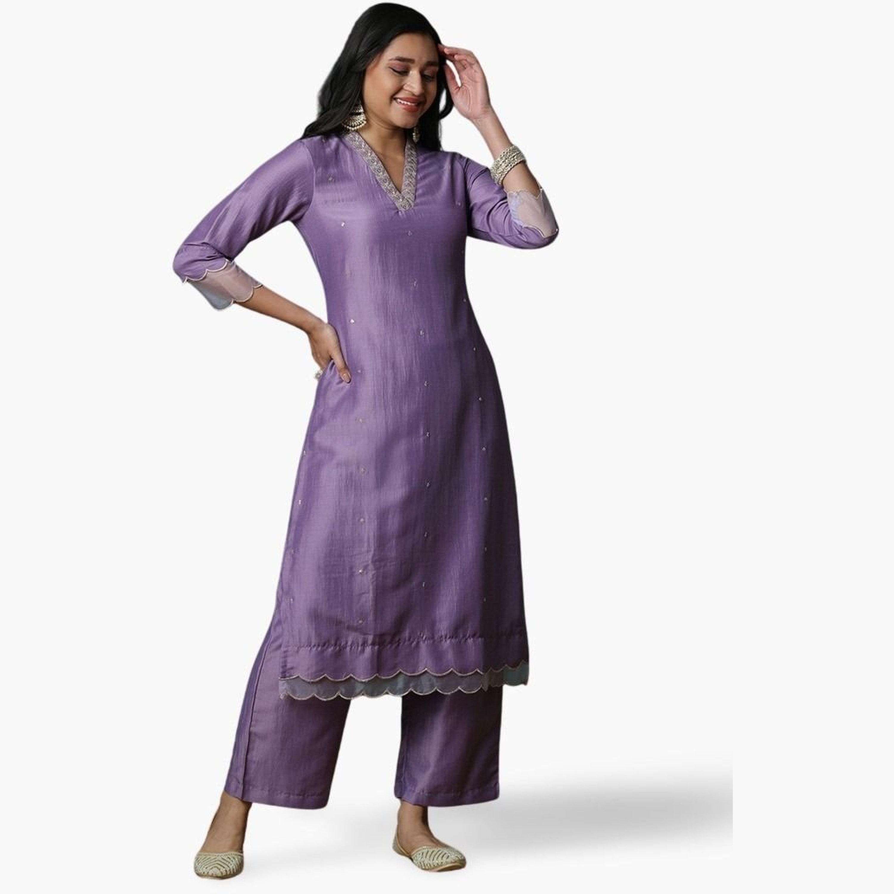 Globus X Styli Purple Silver Embroidered V-Neck Kurta and Elasticated Pants Set-women-clothing-ethnicwear-bottoms-pants-image-1