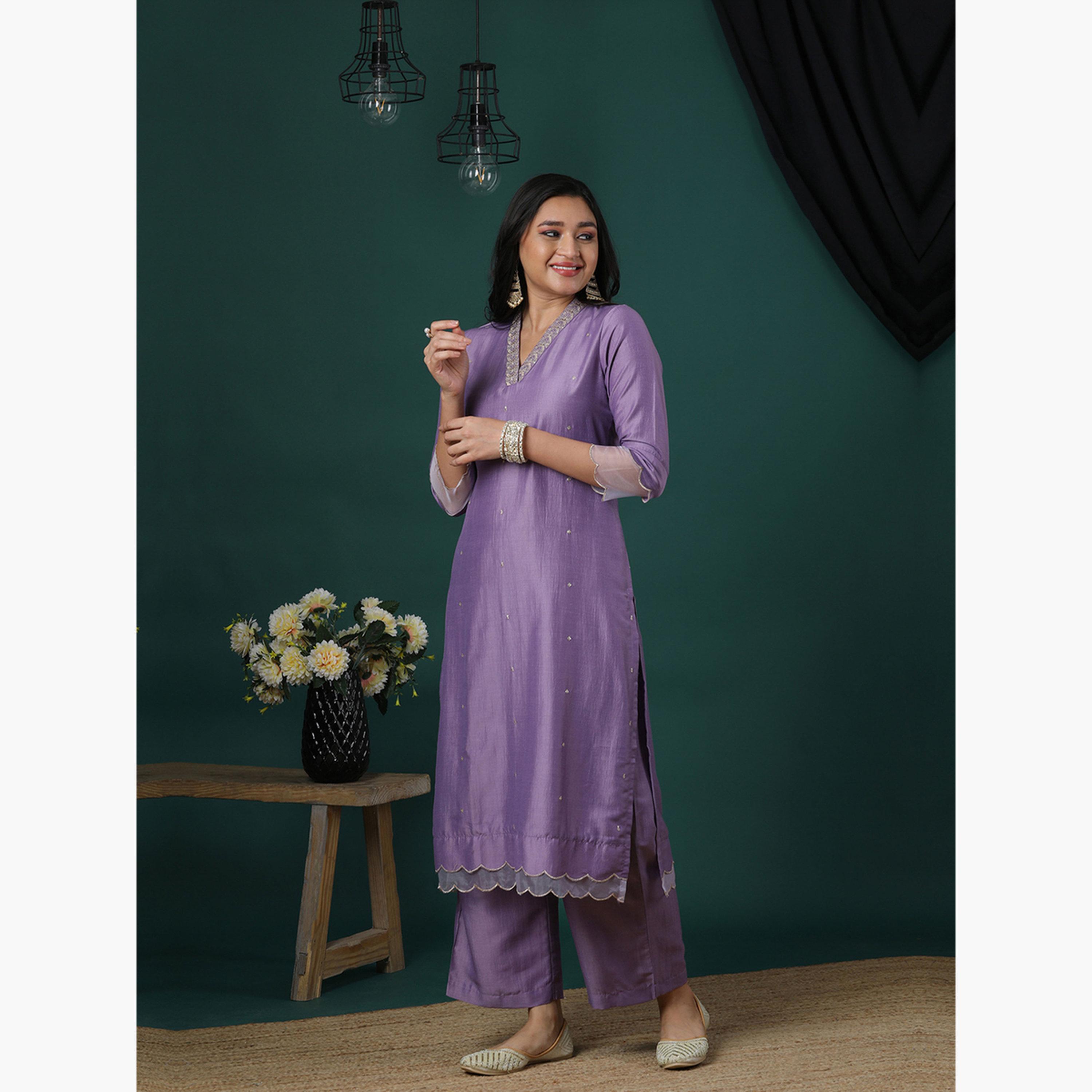 Globus X Styli Purple Silver Embroidered V-Neck Kurta and Elasticated Pants Set-women-clothing-ethnicwear-bottoms-pants-image-2