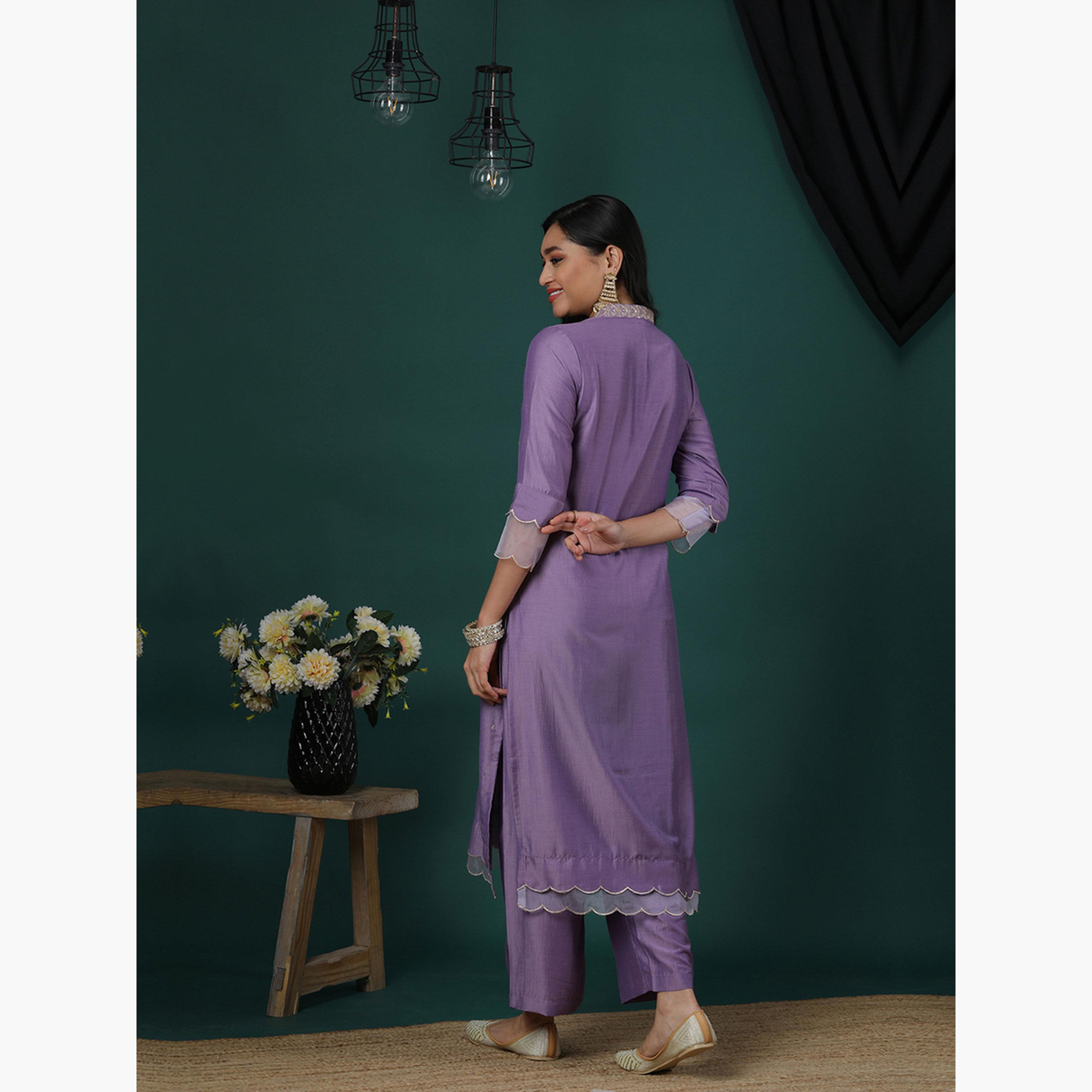 Globus X Styli Purple Silver Embroidered V-Neck Kurta and Elasticated Pants Set-women-clothing-ethnicwear-bottoms-pants-image-3