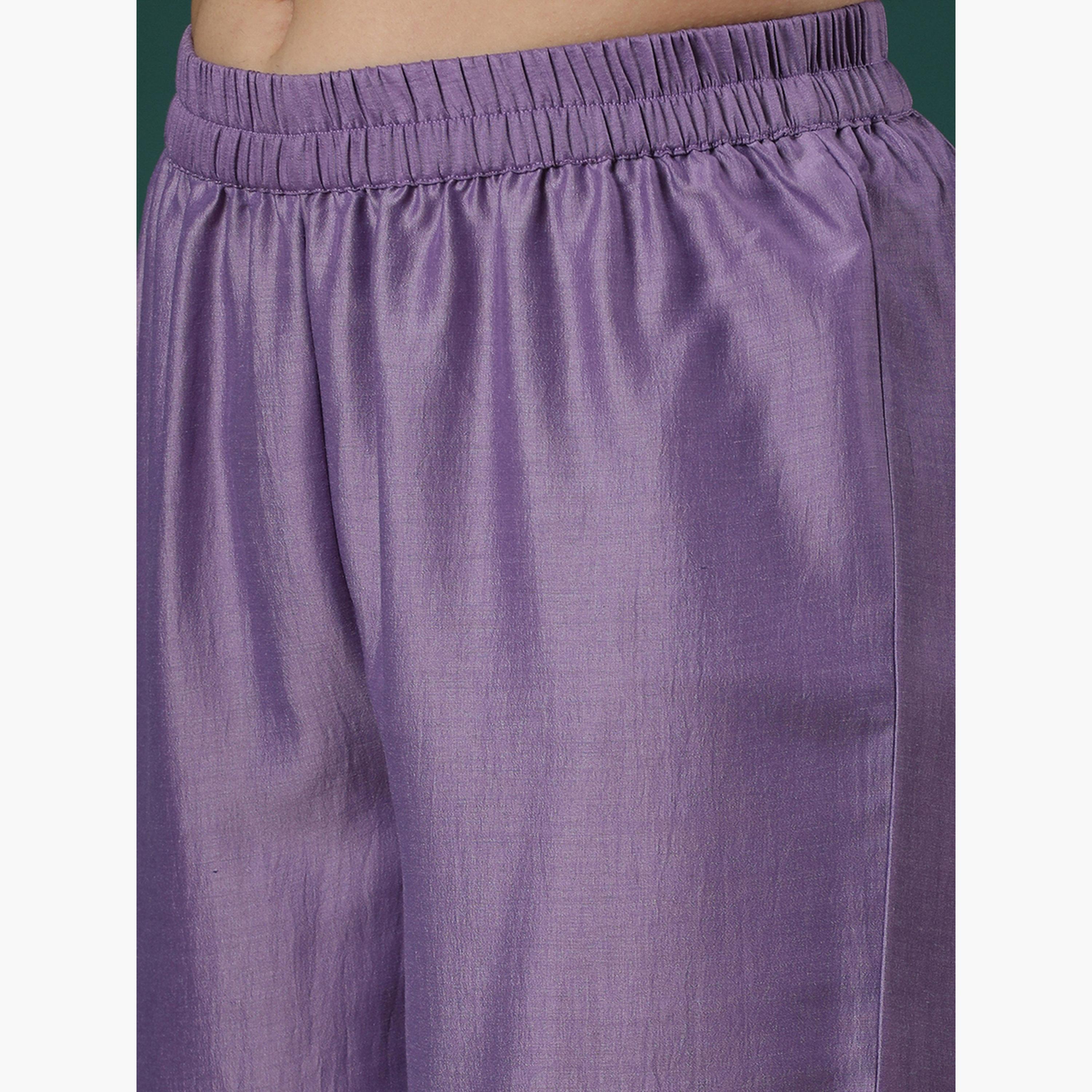 Globus X Styli Purple Silver Embroidered V-Neck Kurta and Elasticated Pants Set-women-clothing-ethnicwear-bottoms-pants-image-5