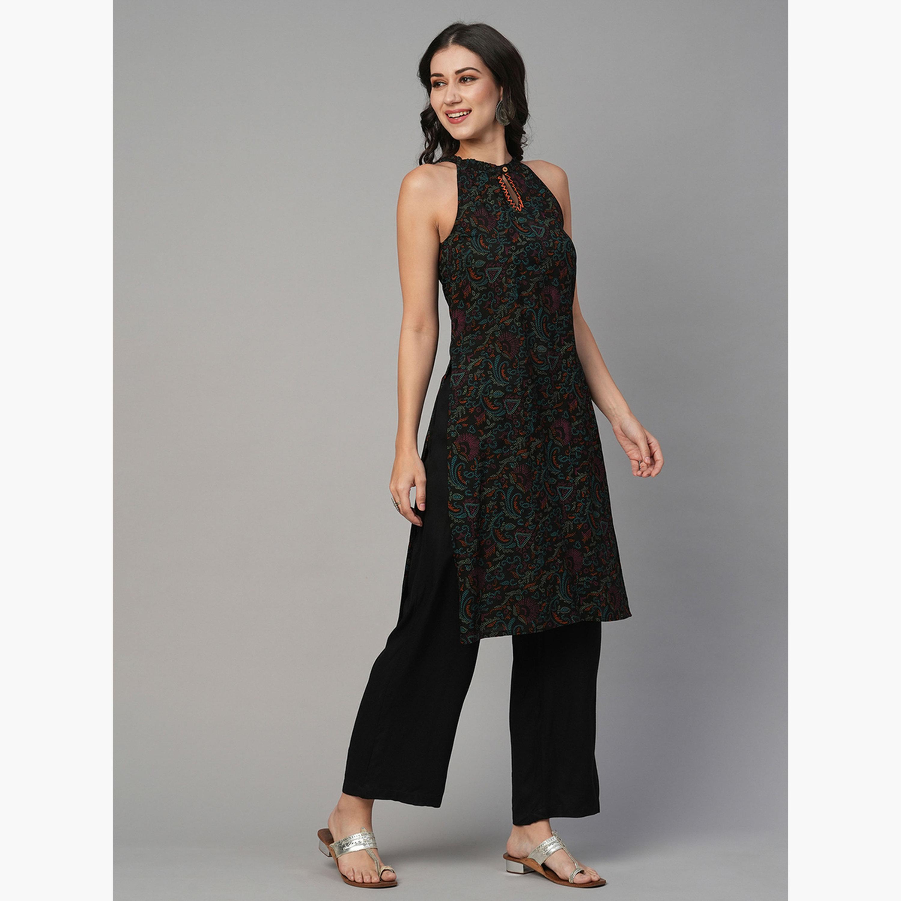 Globus X Styli Black Keyhole Ethnic Print Straight Kurta with Pants Set-women-clothing-ethnicwear-bottoms-pants-image-1