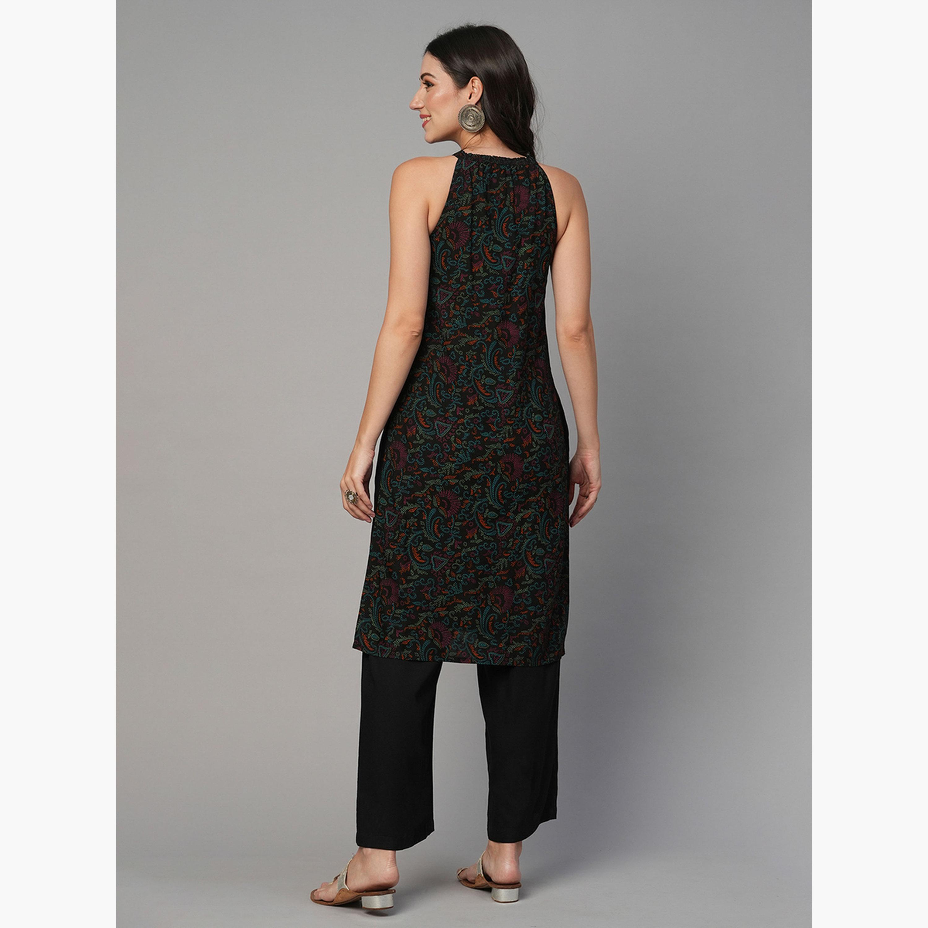 Globus X Styli Black Keyhole Ethnic Print Straight Kurta with Pants Set-women-clothing-ethnicwear-bottoms-pants-image-3